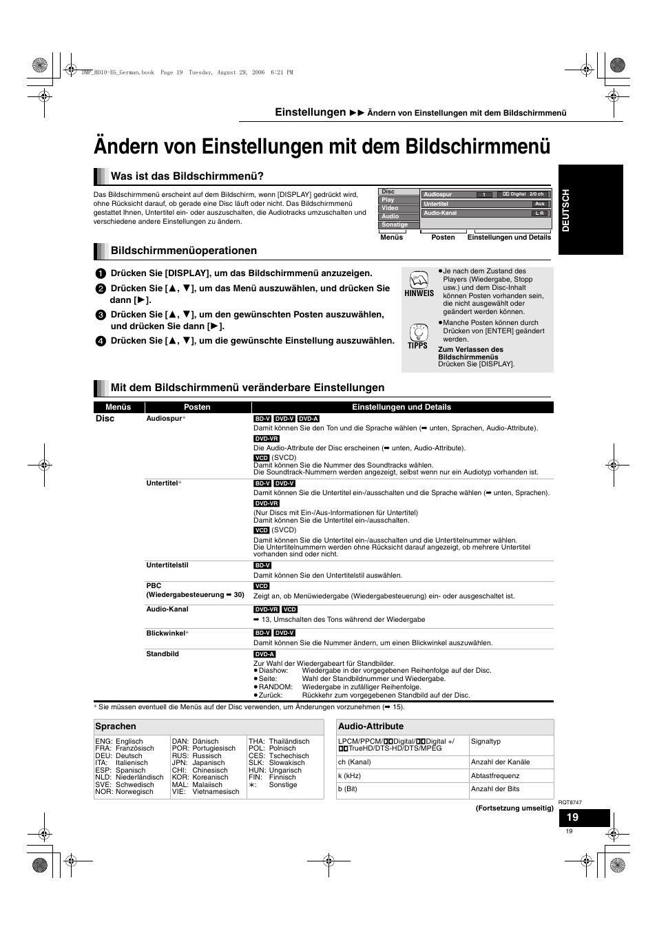 Ändern von einstellungen mit dem bildschirmmenü, Was ist das bildschirmmenü, Bildschirmmenüoperationen | Mit dem bildschirmmenü veränderbare einstellungen, Einstellungen | Panasonic DMPBD10 User Manual | Page 19 / 96