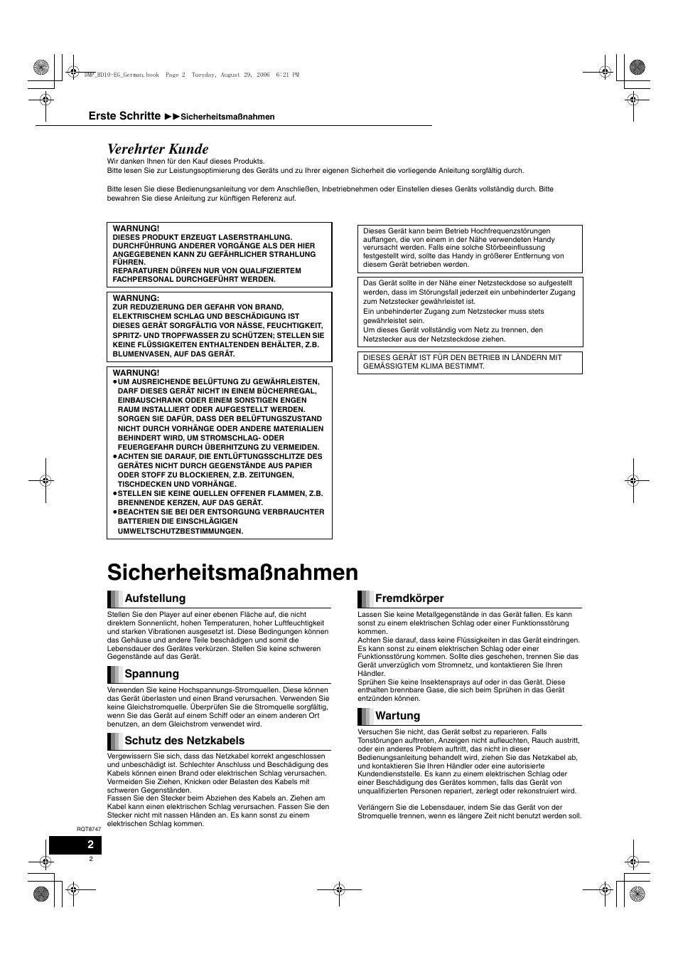 Sicherheitsmaßnahmen, Verehrter kunde | Panasonic DMPBD10 User Manual | Page 2 / 96