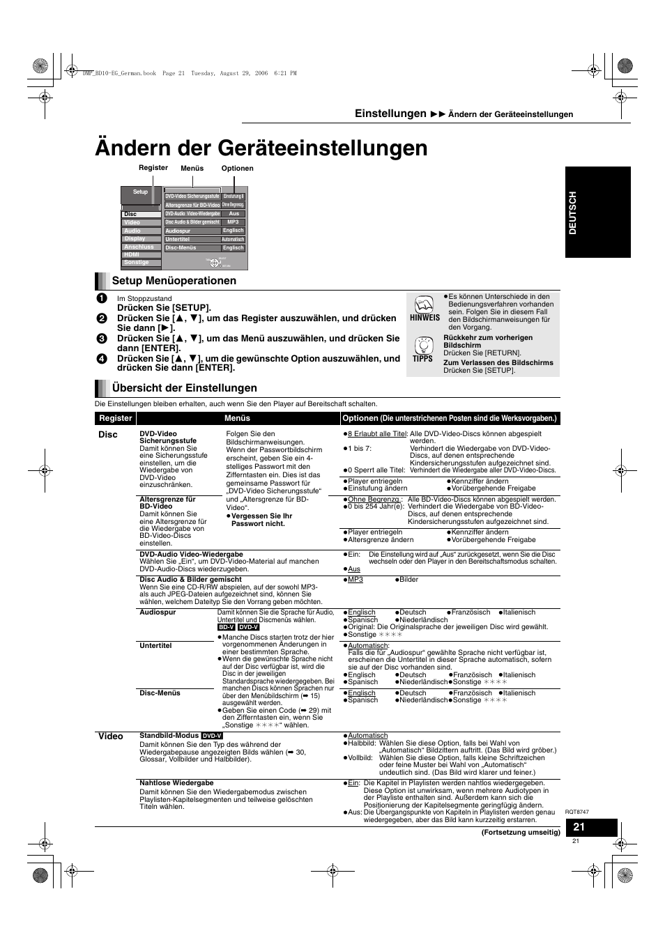 Ändern der geräteeinstellungen, Setup menüoperationen, Übersicht der einstellungen | Einstellungen | Panasonic DMPBD10 User Manual | Page 21 / 96