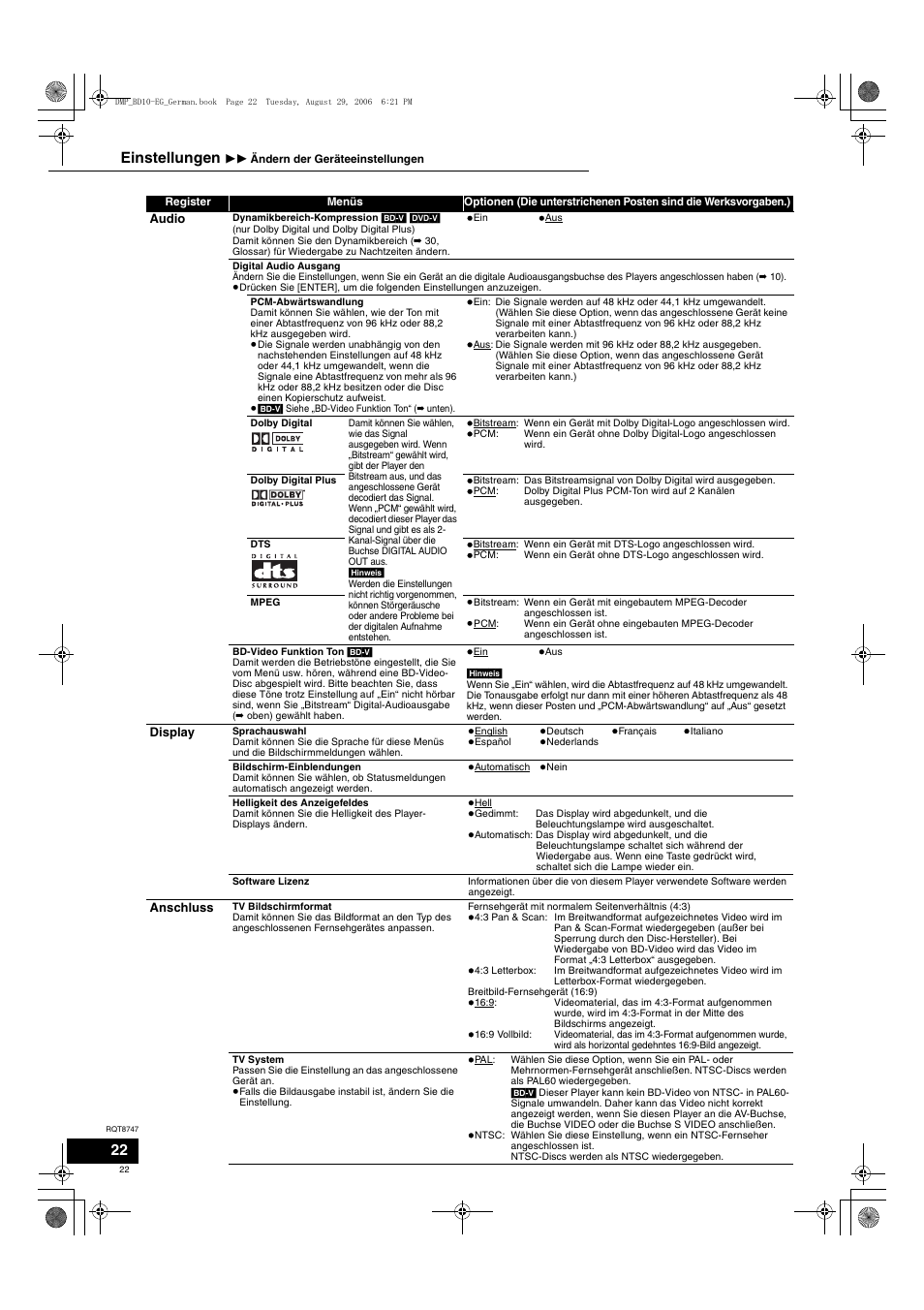 Einstellungen | Panasonic DMPBD10 User Manual | Page 22 / 96