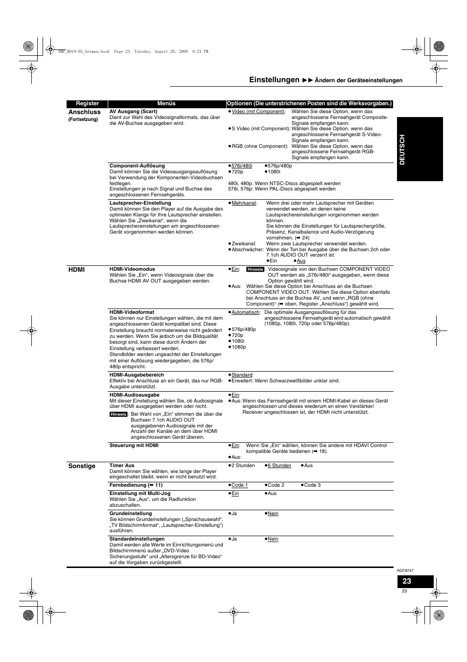 Einstellungen | Panasonic DMPBD10 User Manual | Page 23 / 96
