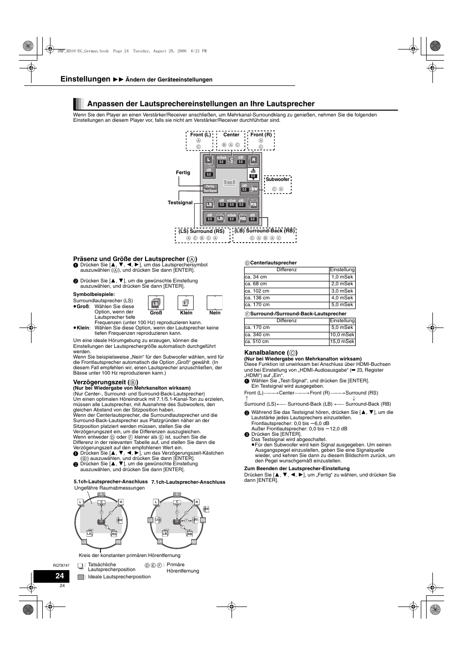 Einstellungen, Präsenz und größe der lautsprecher ( a ), Verzögerungszeit ( b ) | Kanalbalance ( c ) | Panasonic DMPBD10 User Manual | Page 24 / 96