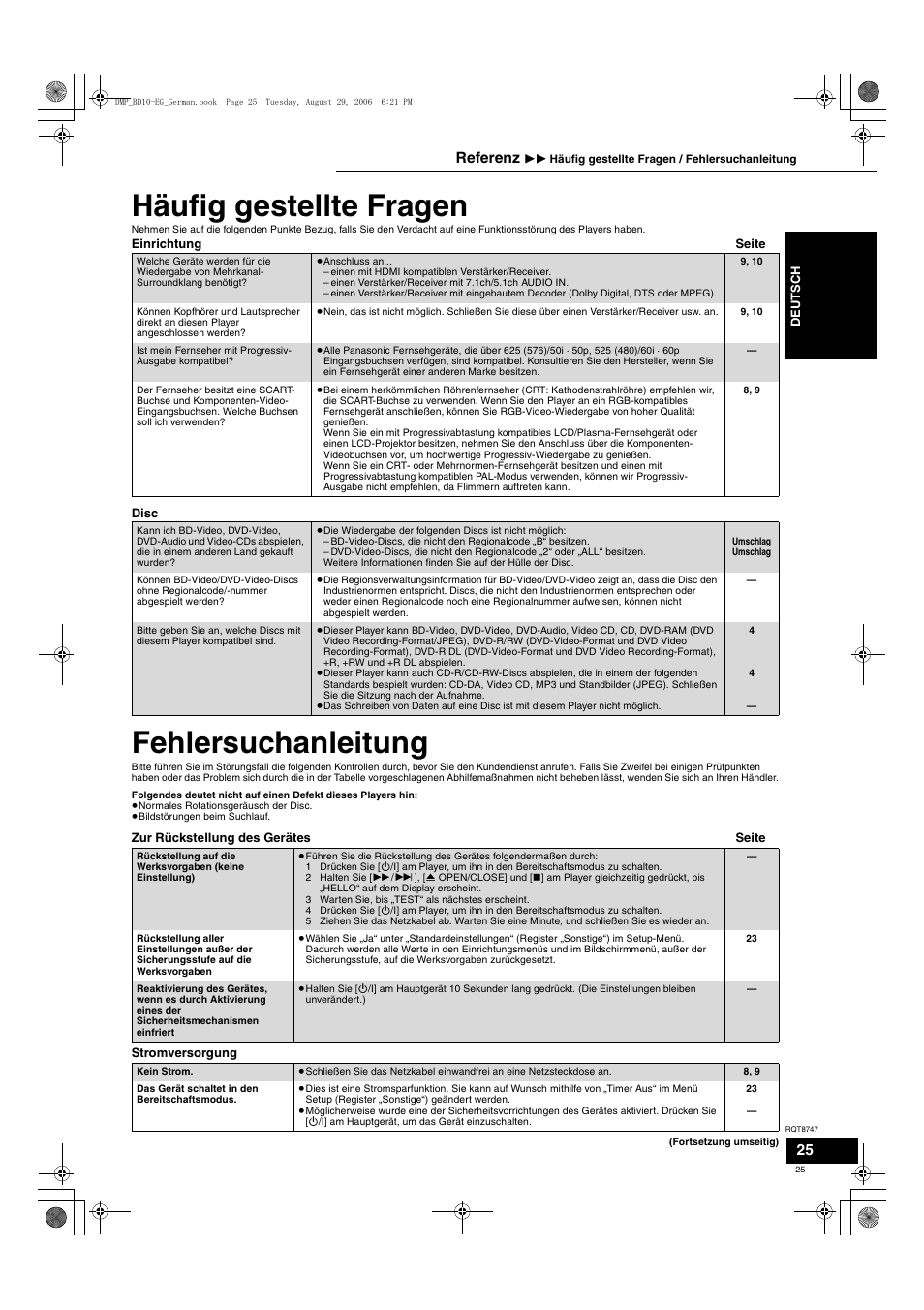 Häufig gestellte fragen, Fehlersuchanleitung, Referenz | Panasonic DMPBD10 User Manual | Page 25 / 96