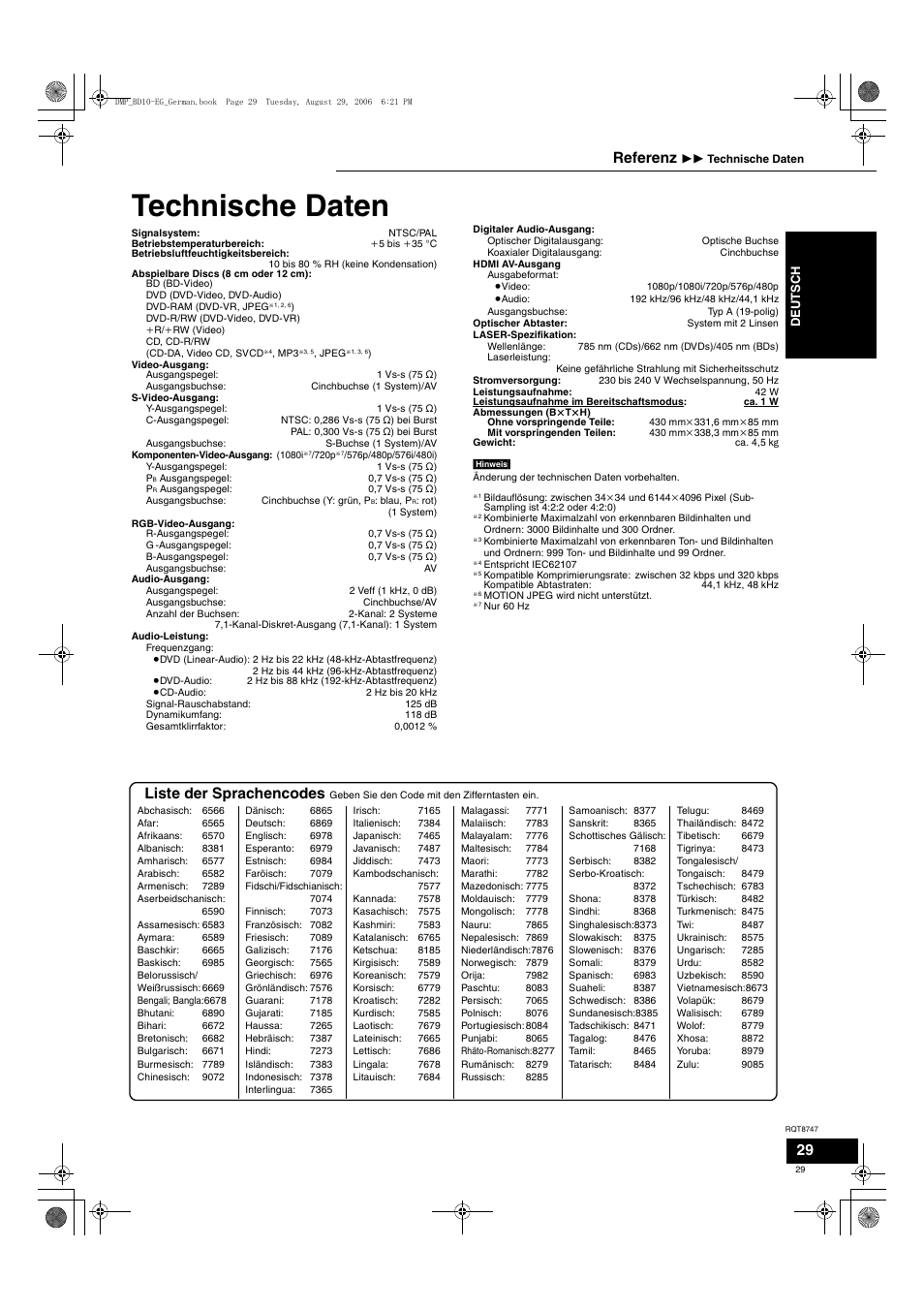 Technische daten, Liste der sprachencodes, Referenz | Panasonic DMPBD10 User Manual | Page 29 / 96