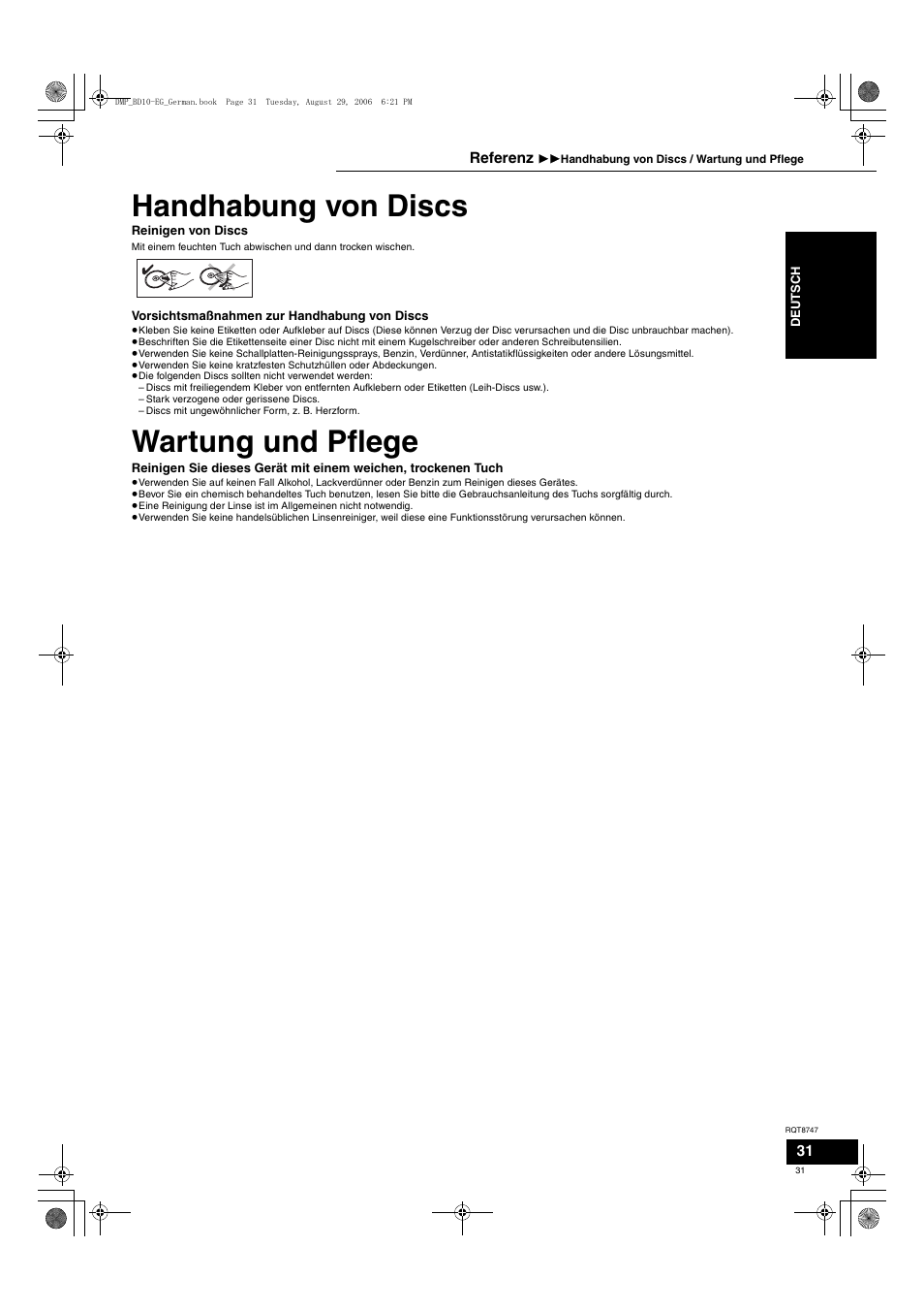 Handhabung von discs, Wartung und pflege | Panasonic DMPBD10 User Manual | Page 31 / 96