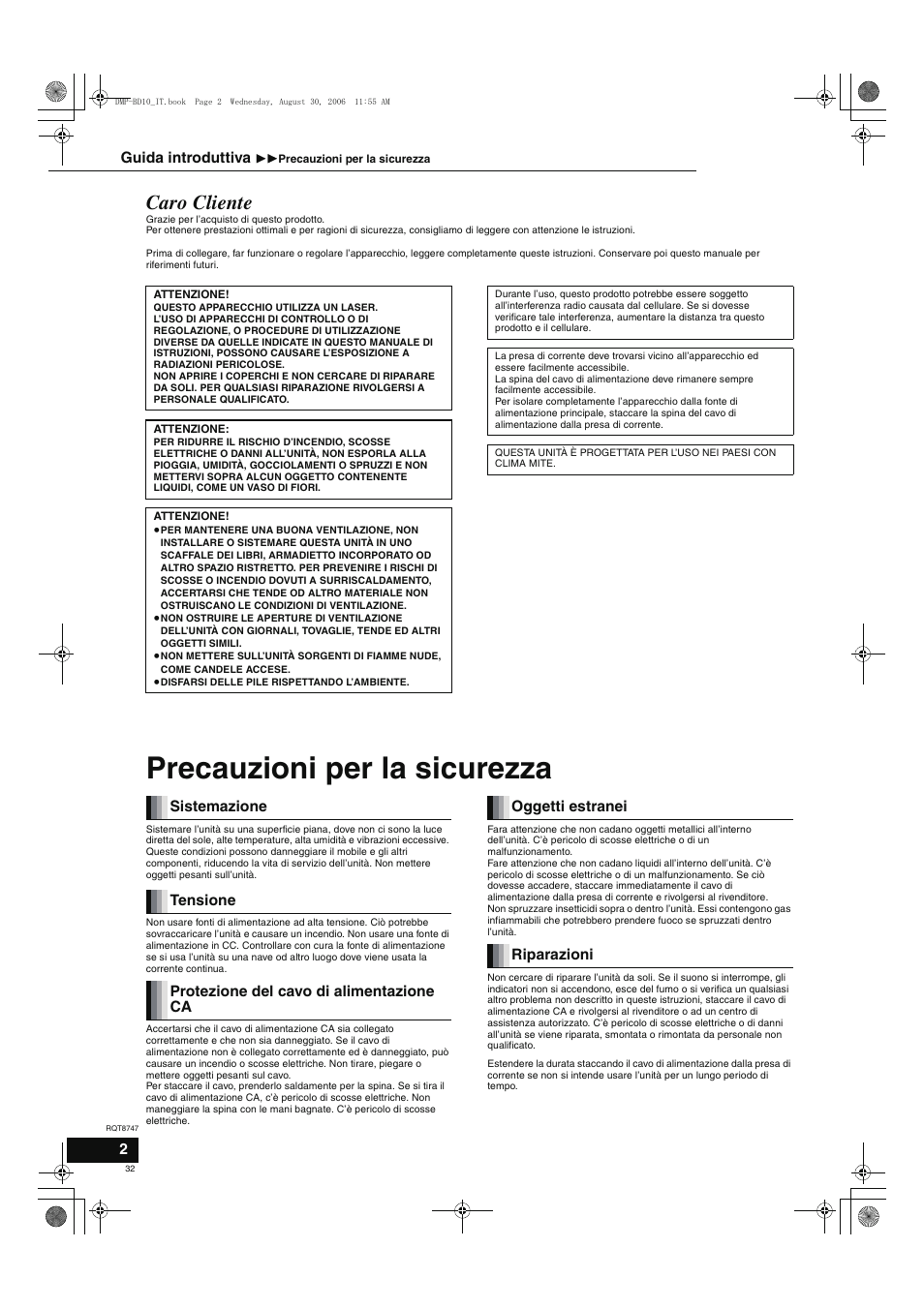 Precauzioni per la sicurezza, Caro cliente | Panasonic DMPBD10 User Manual | Page 32 / 96
