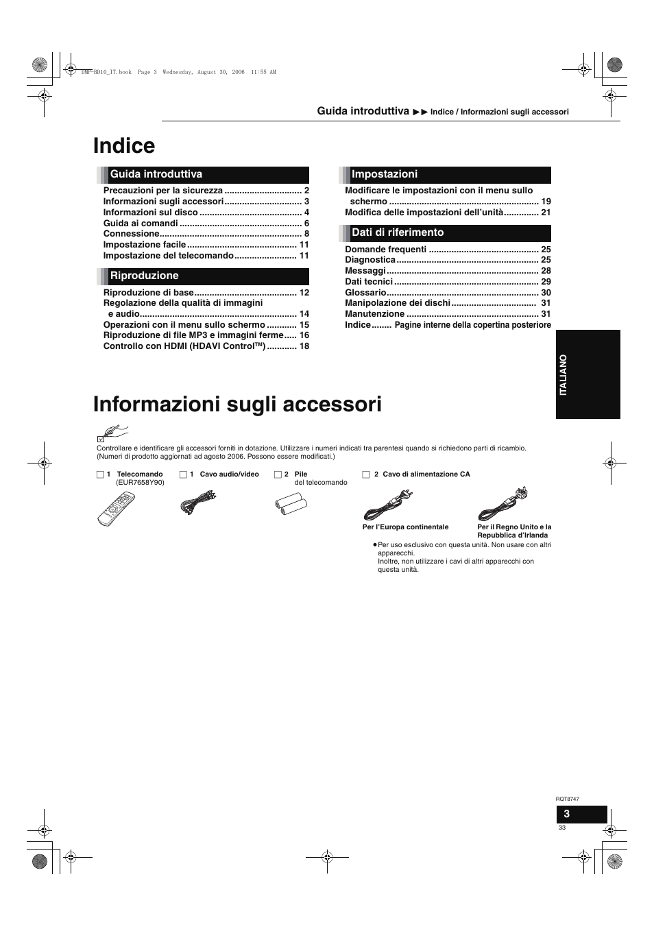 Indice, Informazioni sugli accessori | Panasonic DMPBD10 User Manual | Page 33 / 96