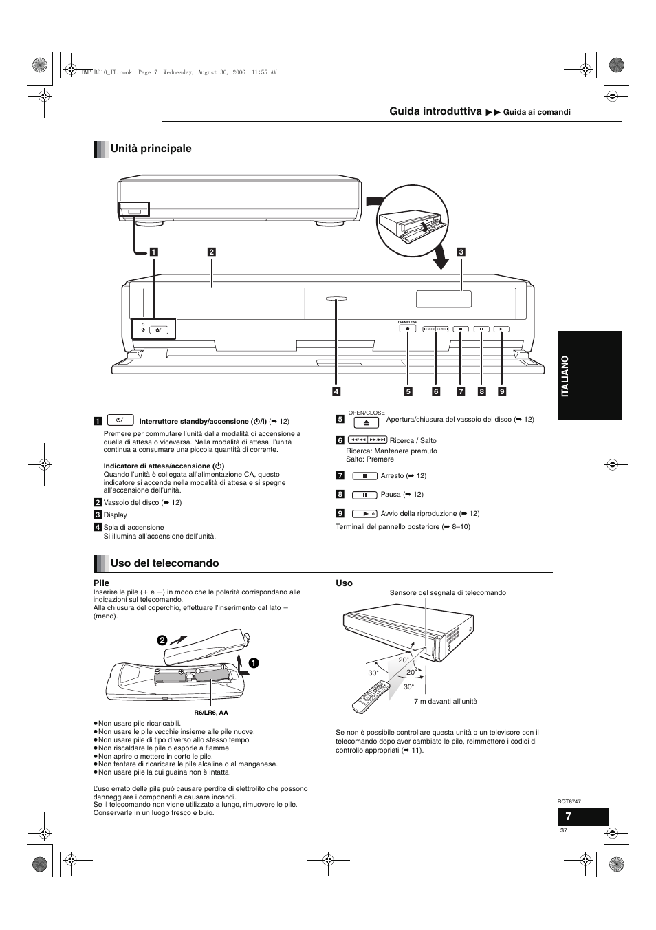 Unità principale, Uso del telecomando, Guida introduttiva | Panasonic DMPBD10 User Manual | Page 37 / 96