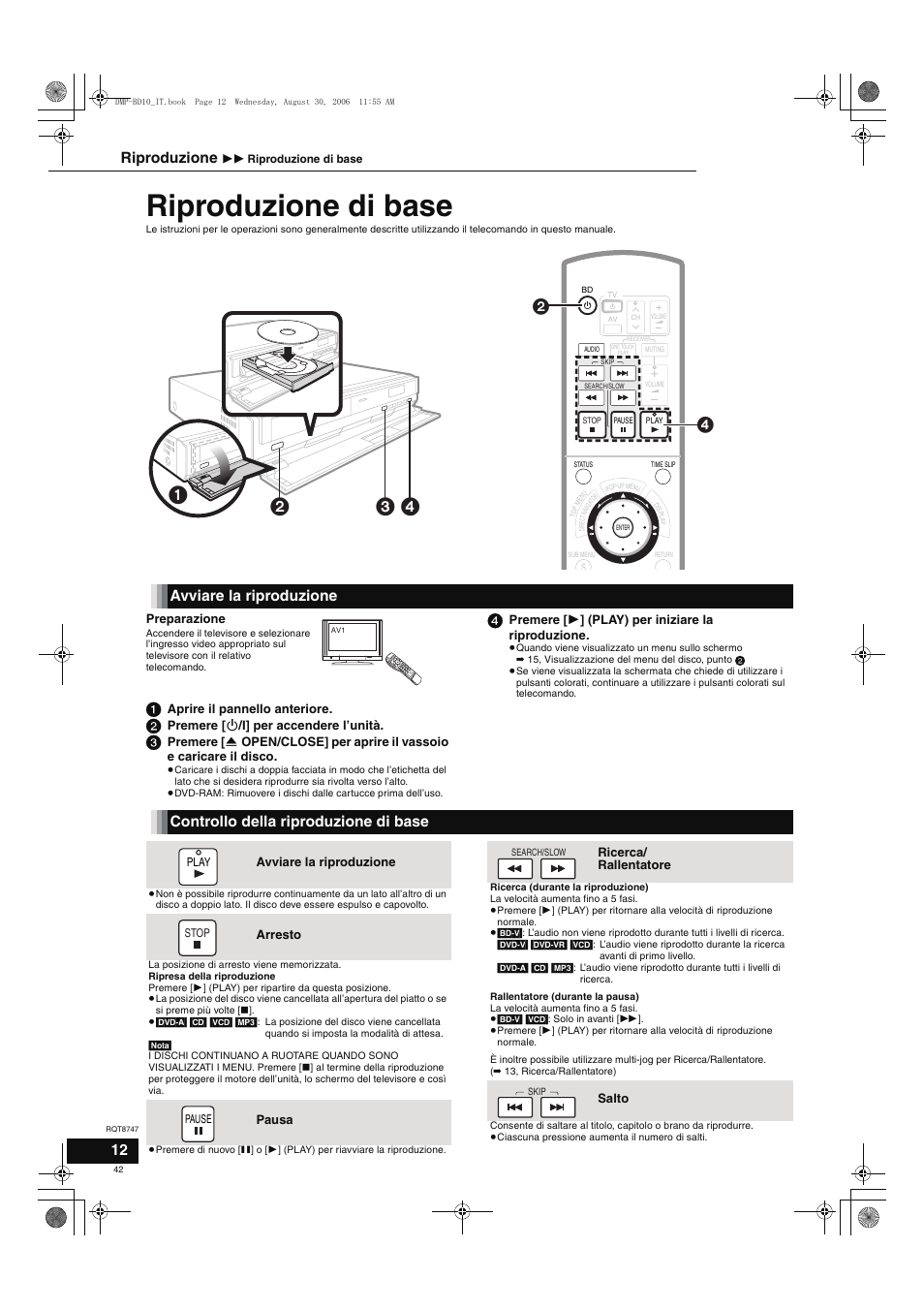 Riproduzione di base, Avviare la riproduzione, Controllo della riproduzione di base | Riproduzione | Panasonic DMPBD10 User Manual | Page 42 / 96