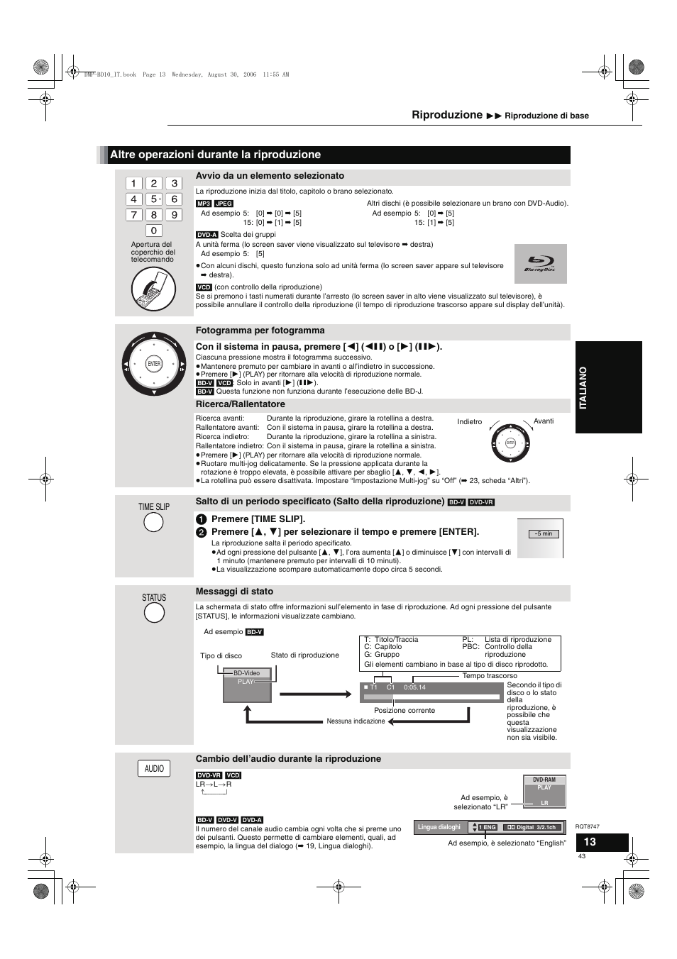 Altre operazioni durante la riproduzione, Riproduzione | Panasonic DMPBD10 User Manual | Page 43 / 96