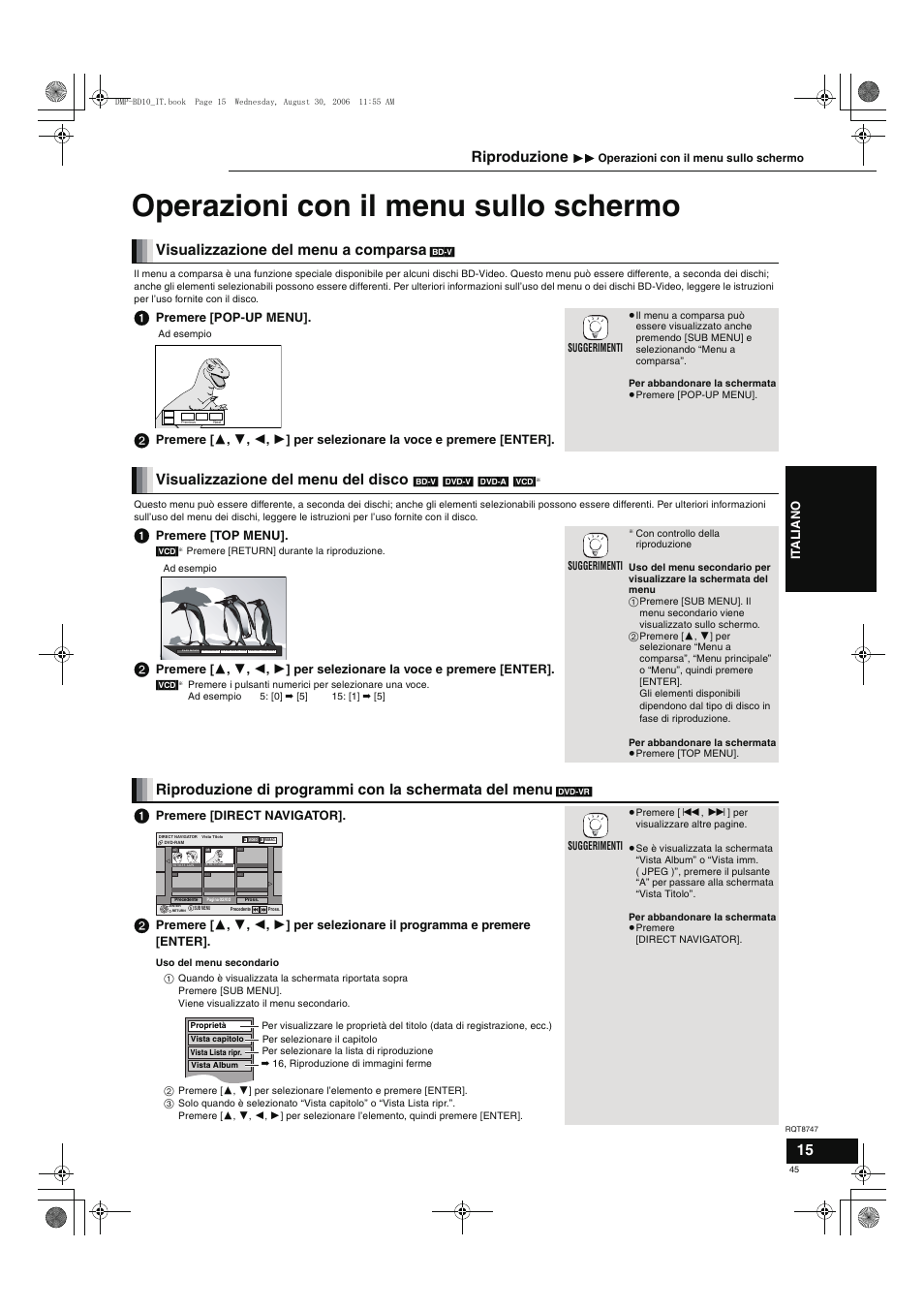 Operazioni con il menu sullo schermo, Visualizzazione del menu a comparsa, Visualizzazione del menu del disco | Riproduzione | Panasonic DMPBD10 User Manual | Page 45 / 96