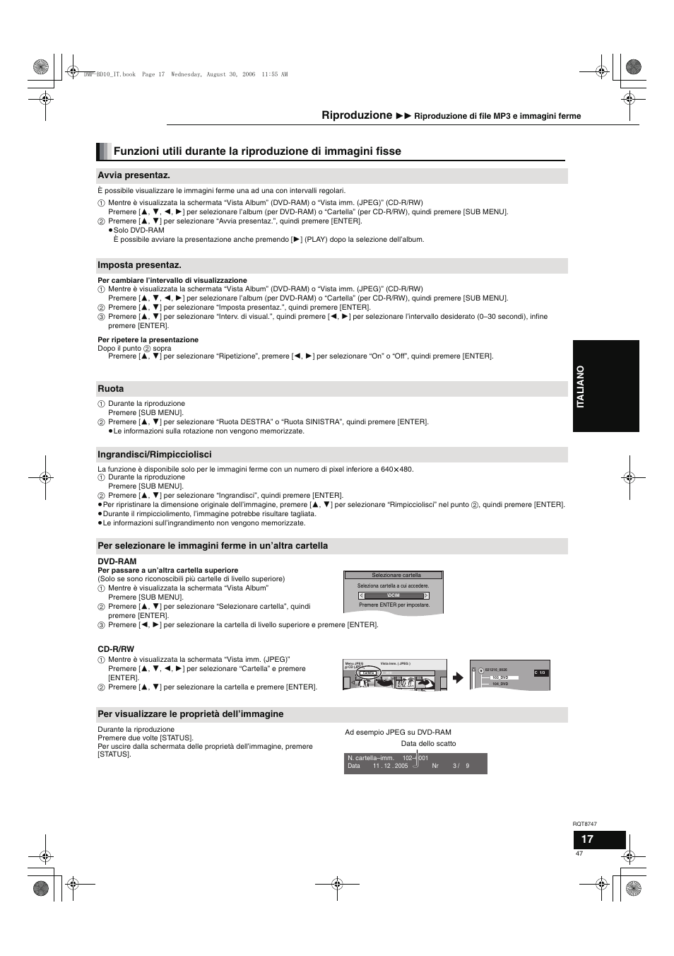 Riproduzione, It a l iano, Avvia presentaz | Imposta presentaz, Ruota, Ingrandisci/rimpicciolisci, Per visualizzare le proprietà dell’immagine | Panasonic DMPBD10 User Manual | Page 47 / 96