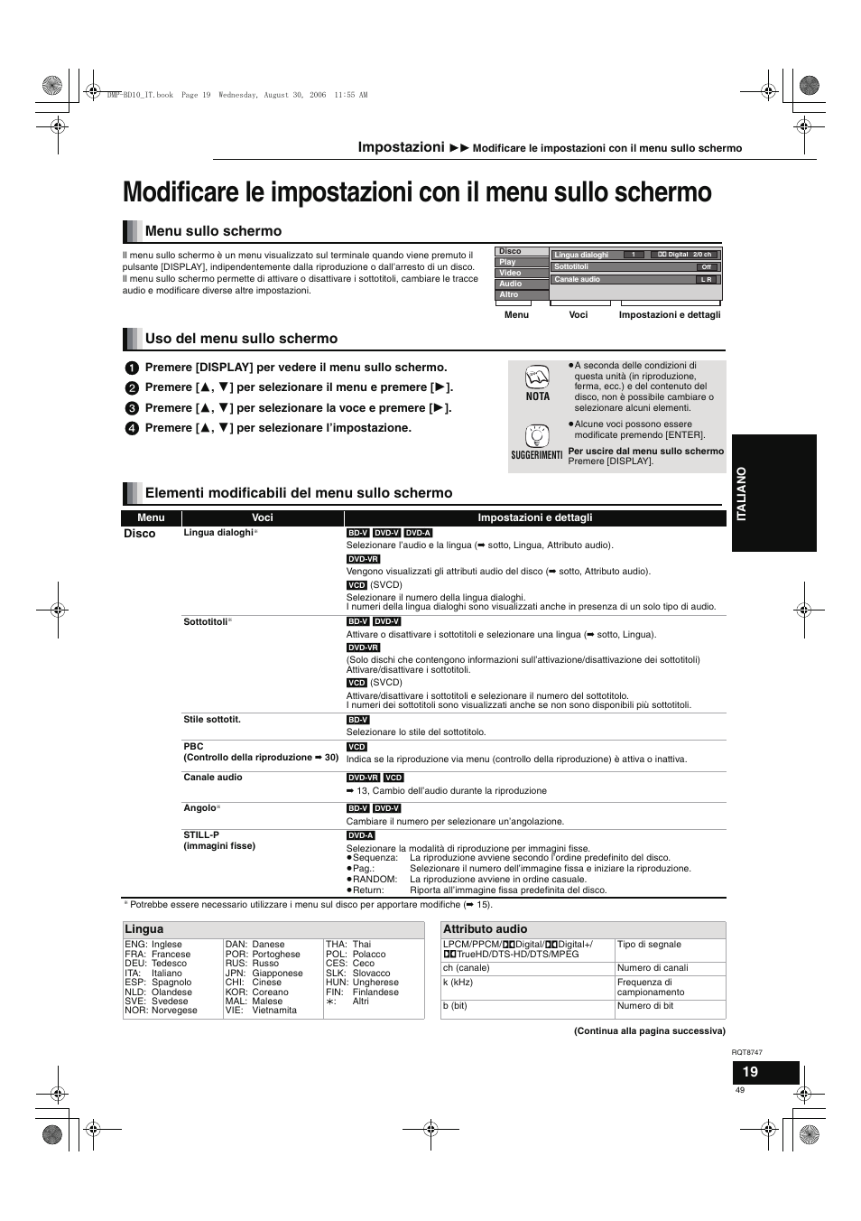 Menu sullo schermo, Uso del menu sullo schermo, Elementi modificabili del menu sullo schermo | Impostazioni | Panasonic DMPBD10 User Manual | Page 49 / 96