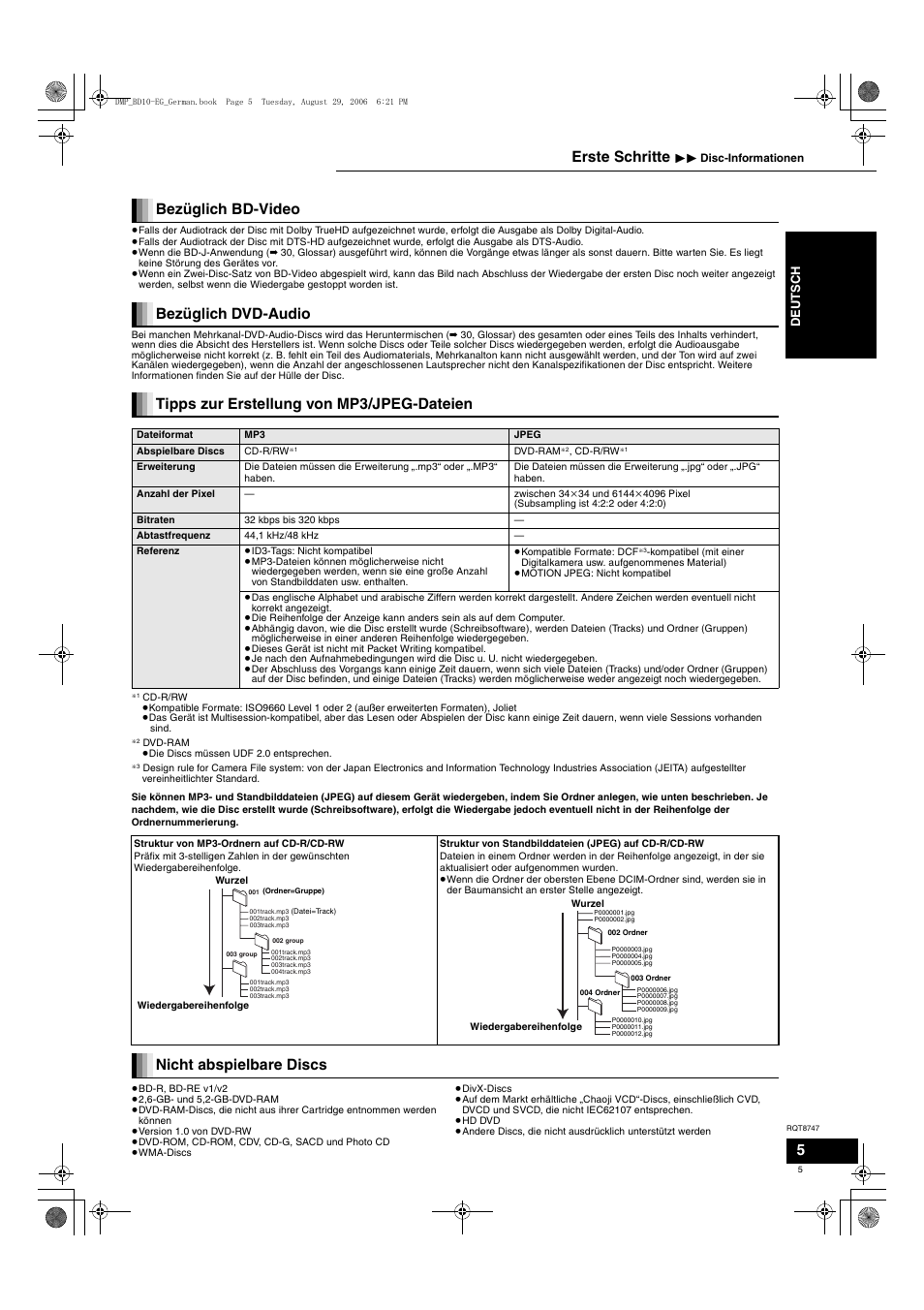 Bezüglich bd-video, Bezüglich dvd-audio, Tipps zur erstellung von mp3/jpeg-dateien | Nicht abspielbare discs, Erste schritte, De uts c h | Panasonic DMPBD10 User Manual | Page 5 / 96