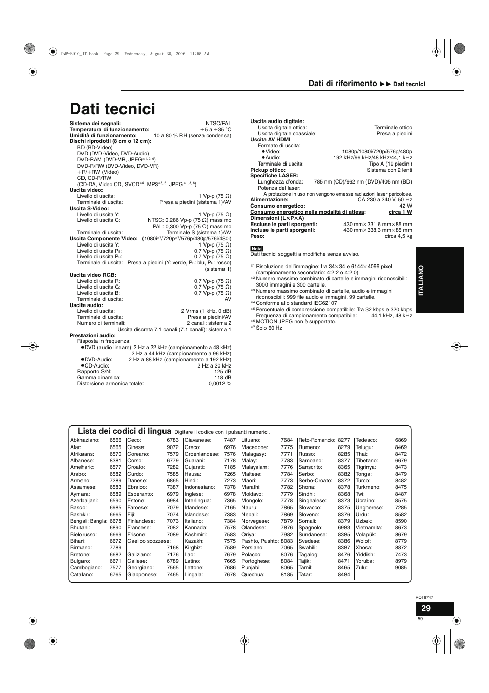Dati tecnici, Lista dei codici di lingua, Dati di riferimento | Panasonic DMPBD10 User Manual | Page 59 / 96