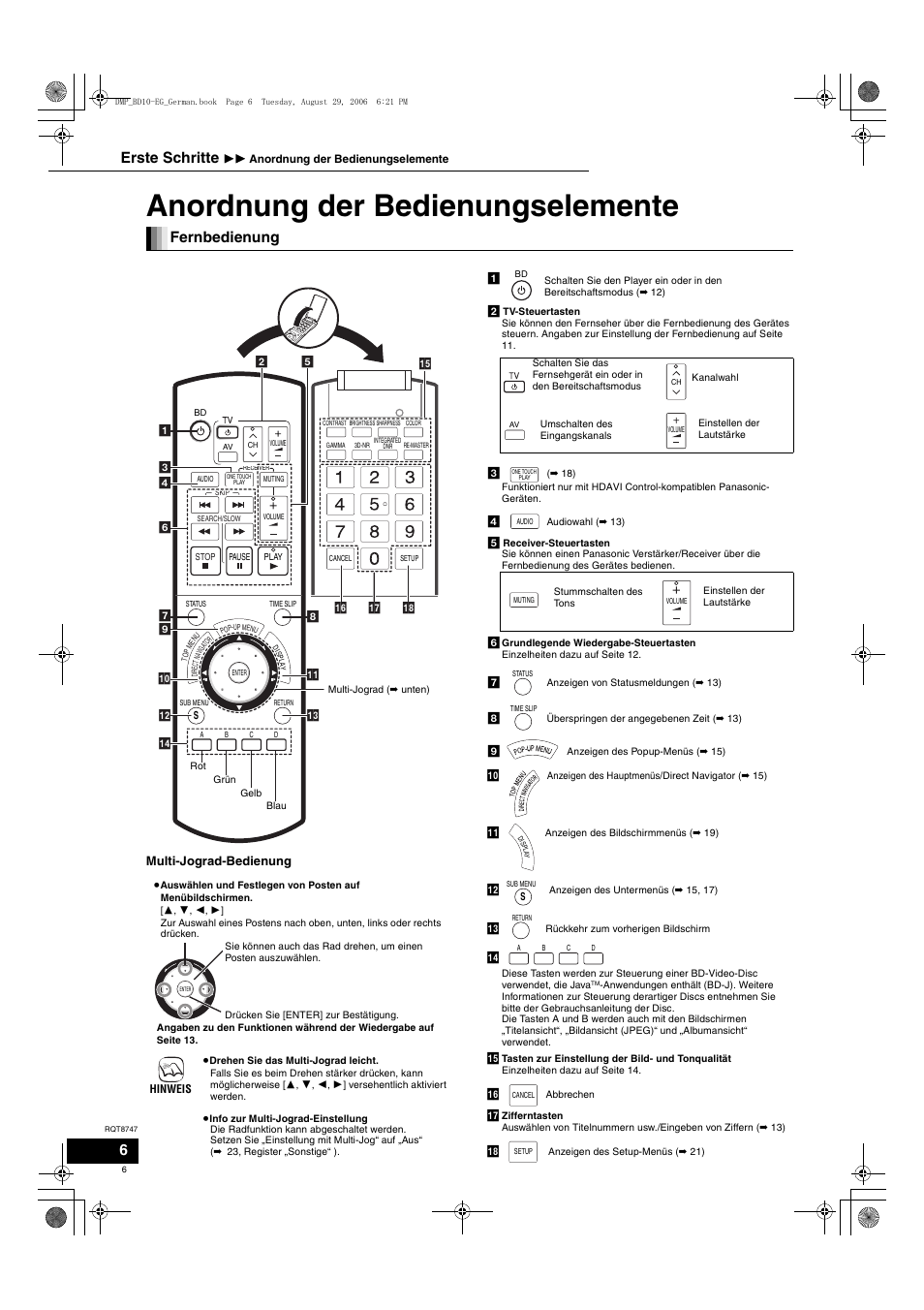 Anordnung der bedienungselemente, Fernbedienung, Erste schritte | Panasonic DMPBD10 User Manual | Page 6 / 96