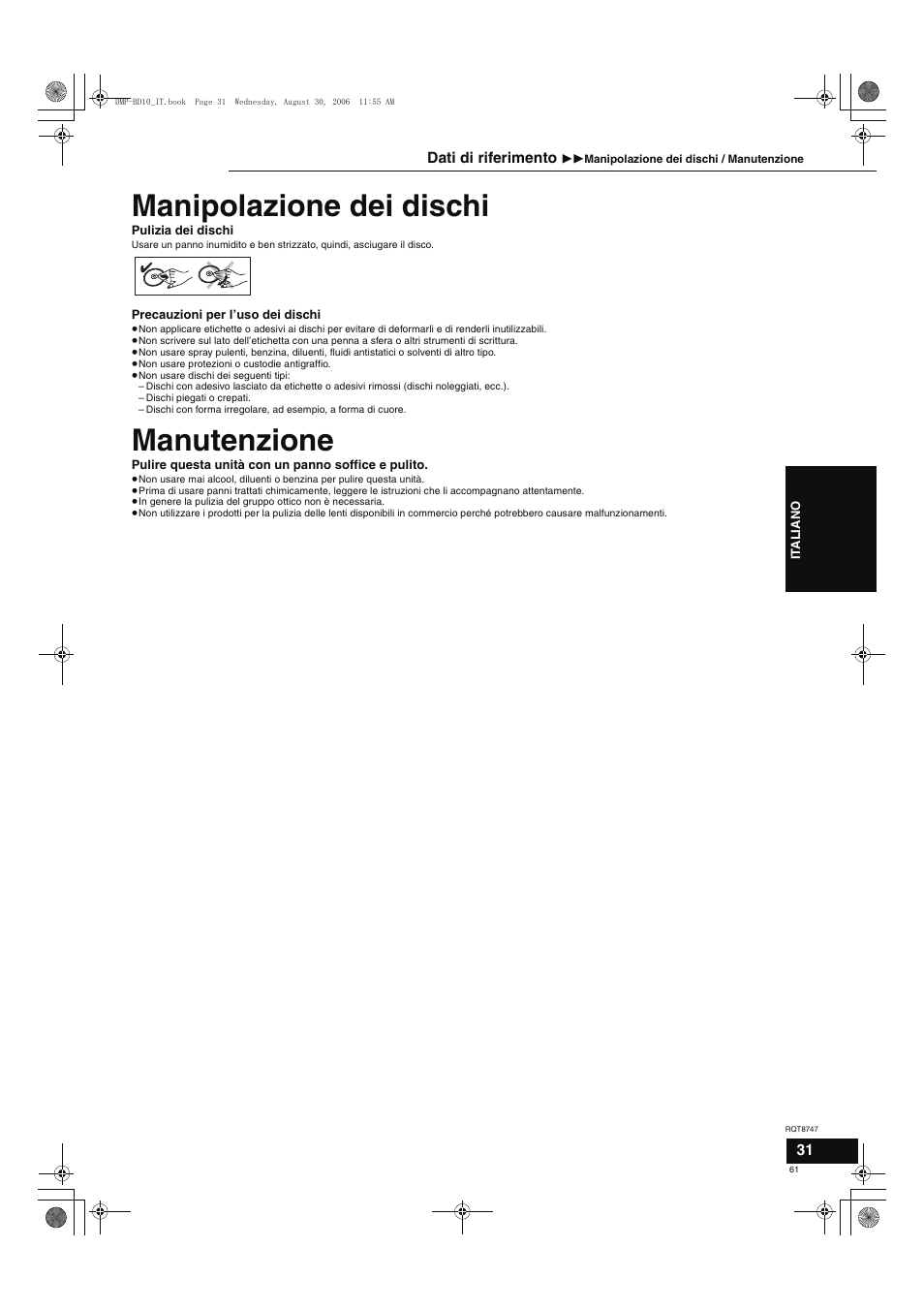 Manipolazione dei dischi, Manutenzione | Panasonic DMPBD10 User Manual | Page 61 / 96