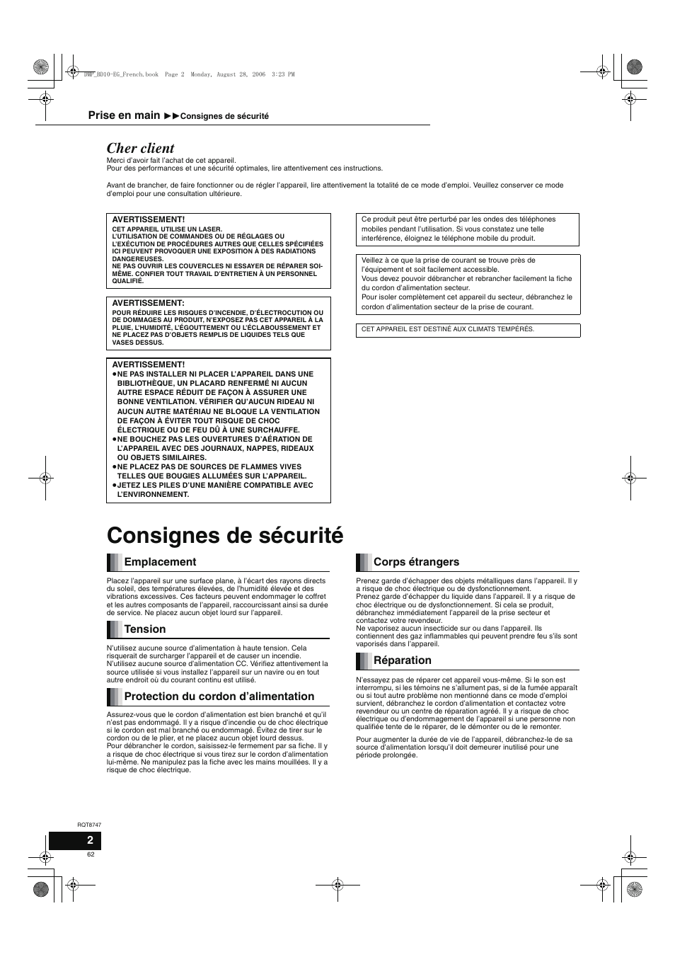Consignes de sécurité, Cher client | Panasonic DMPBD10 User Manual | Page 62 / 96
