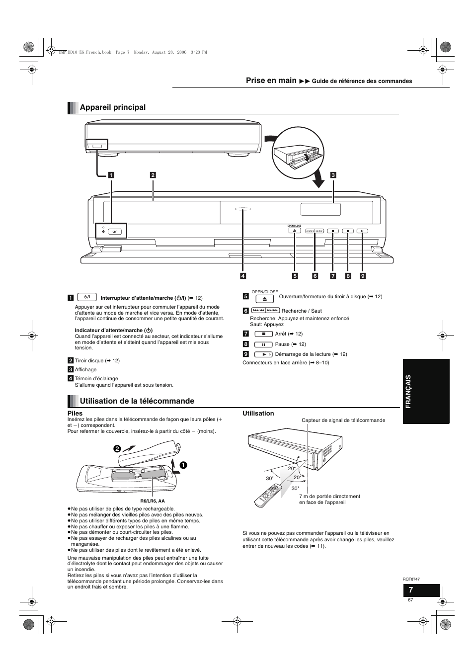 Appareil principal, Utilisation de la télécommande, Prise en main | Panasonic DMPBD10 User Manual | Page 67 / 96