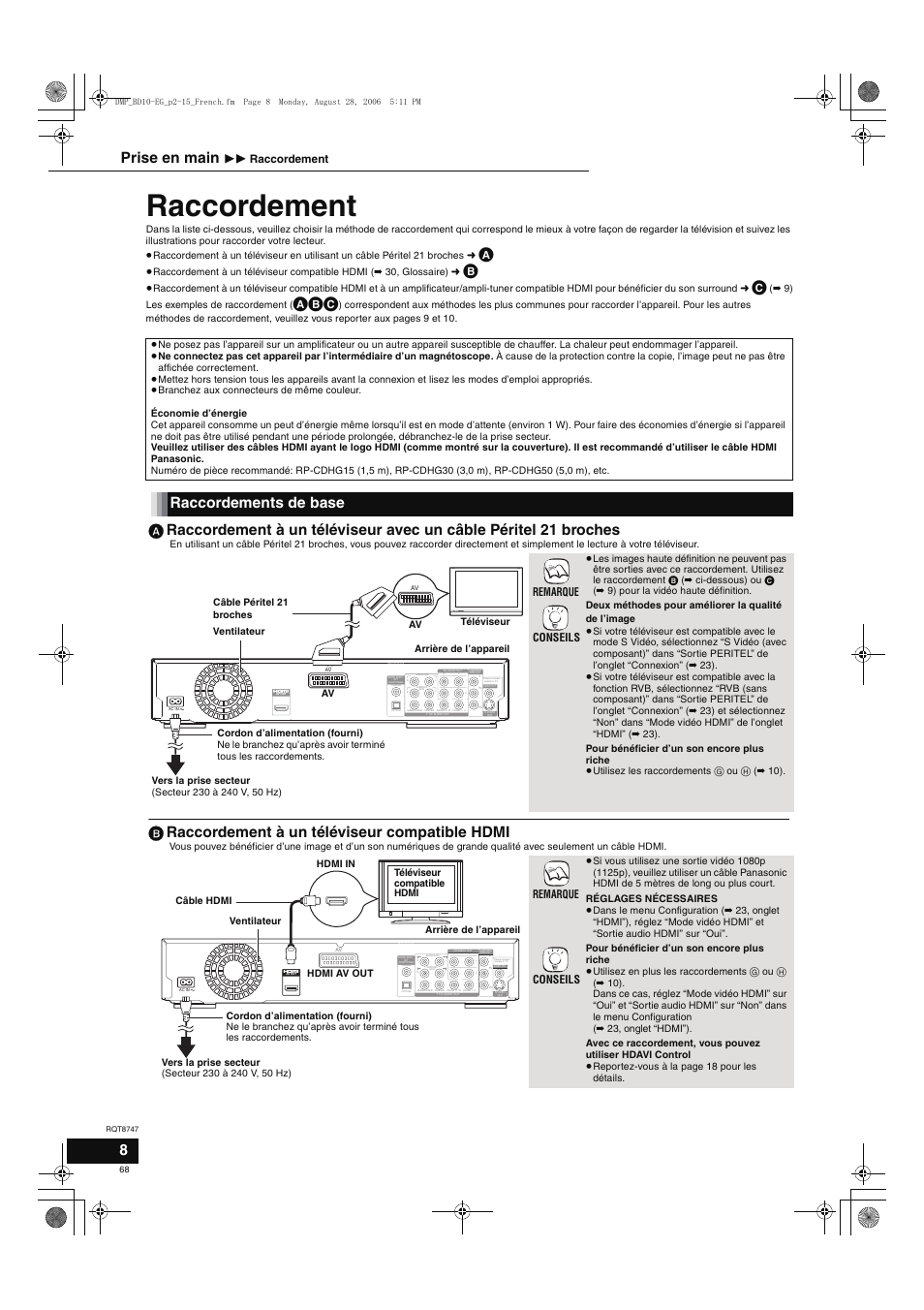 Raccordement, B raccordement à un téléviseur compatible hdmi, Prise en main | Remarque conseils, 11 raccordement | Panasonic DMPBD10 User Manual | Page 68 / 96