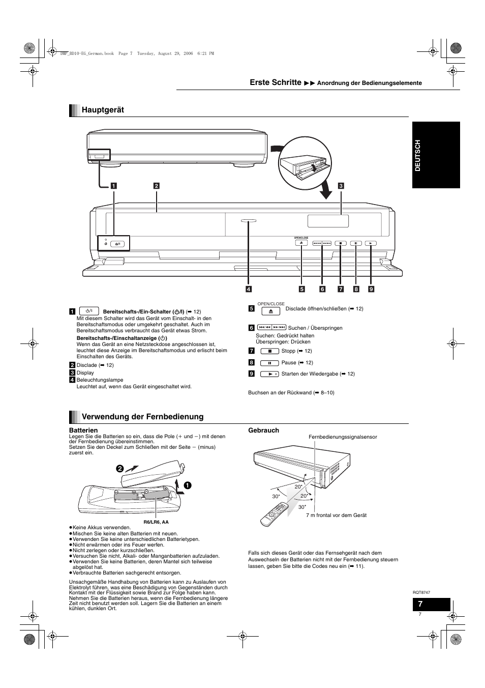 Hauptgerät, Verwendung der fernbedienung, Erste schritte | Panasonic DMPBD10 User Manual | Page 7 / 96