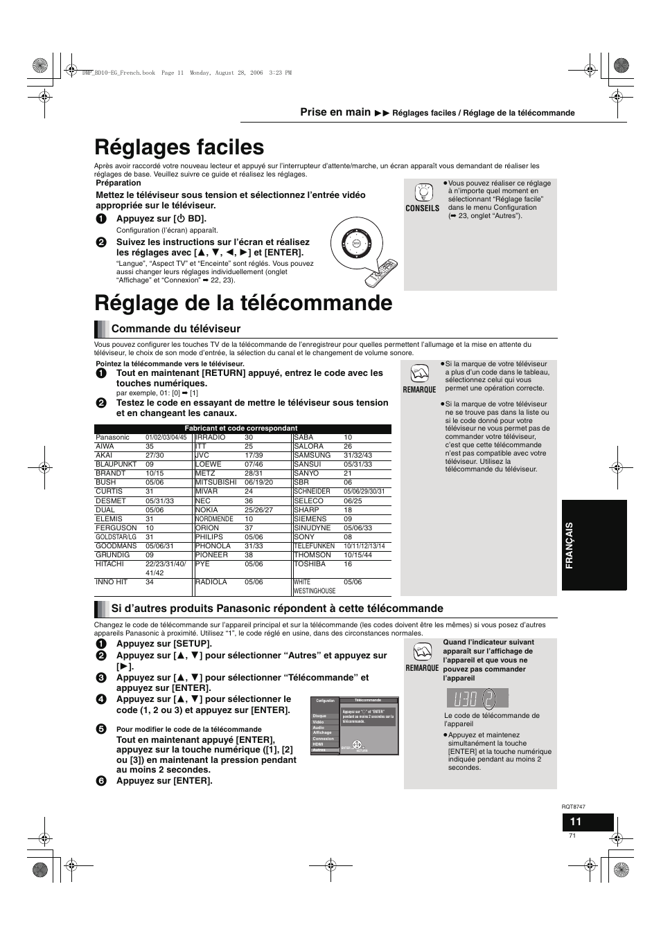 Réglages faciles, Réglage de la télécommande, Commande du téléviseur | Prise en main | Panasonic DMPBD10 User Manual | Page 71 / 96