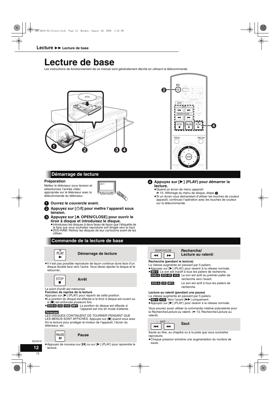 Lecture de base, Démarrage de lecture, Commande de la lecture de base | Lecture | Panasonic DMPBD10 User Manual | Page 72 / 96