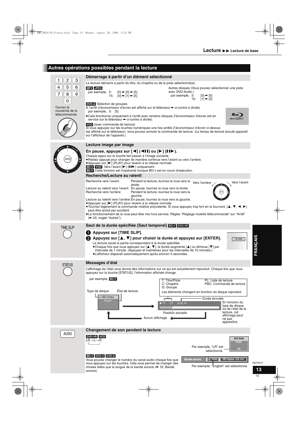 Autres opérations possibles pendant la lecture, Lecture | Panasonic DMPBD10 User Manual | Page 73 / 96
