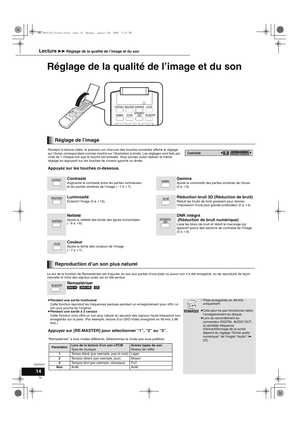 Réglage de la qualité de l’image et du son, Réglage de l’image, Reproduction d’un son plus naturel | Lecture | Panasonic DMPBD10 User Manual | Page 74 / 96