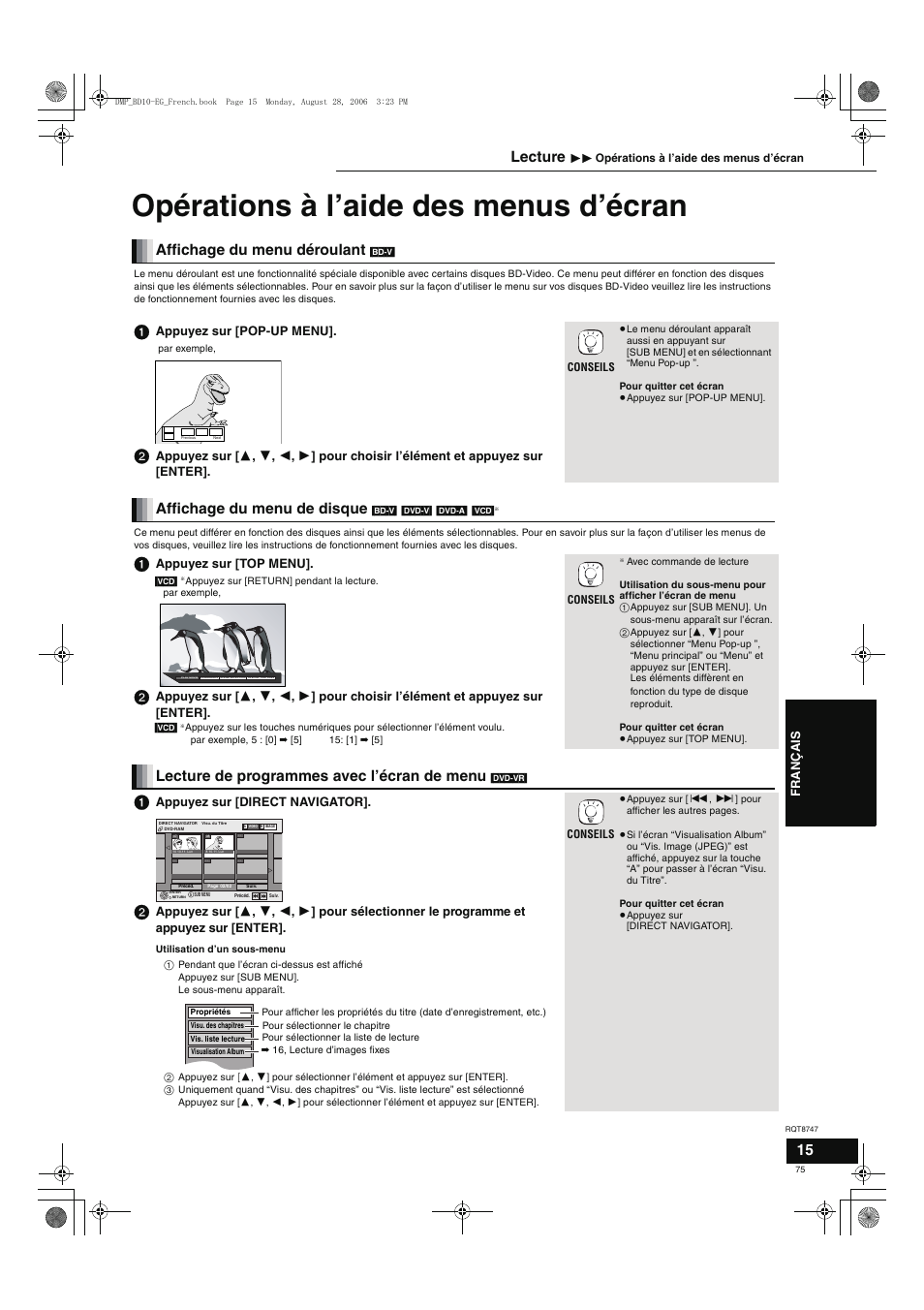 Opérations à l’aide des menus d’écran, Affichage du menu déroulant, Affichage du menu de disque | Lecture de programmes avec l’écran de menu, Lecture | Panasonic DMPBD10 User Manual | Page 75 / 96