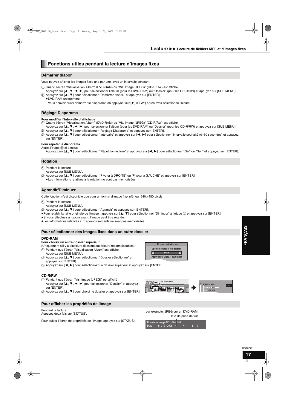 Fonctions utiles pendant la lecture d’images fixes, Lecture, Franç ais | Démarrer diapor, Réglage diaporama, Rotation, Agrandir/diminuer, Pour afficher les propriétés de limage | Panasonic DMPBD10 User Manual | Page 77 / 96