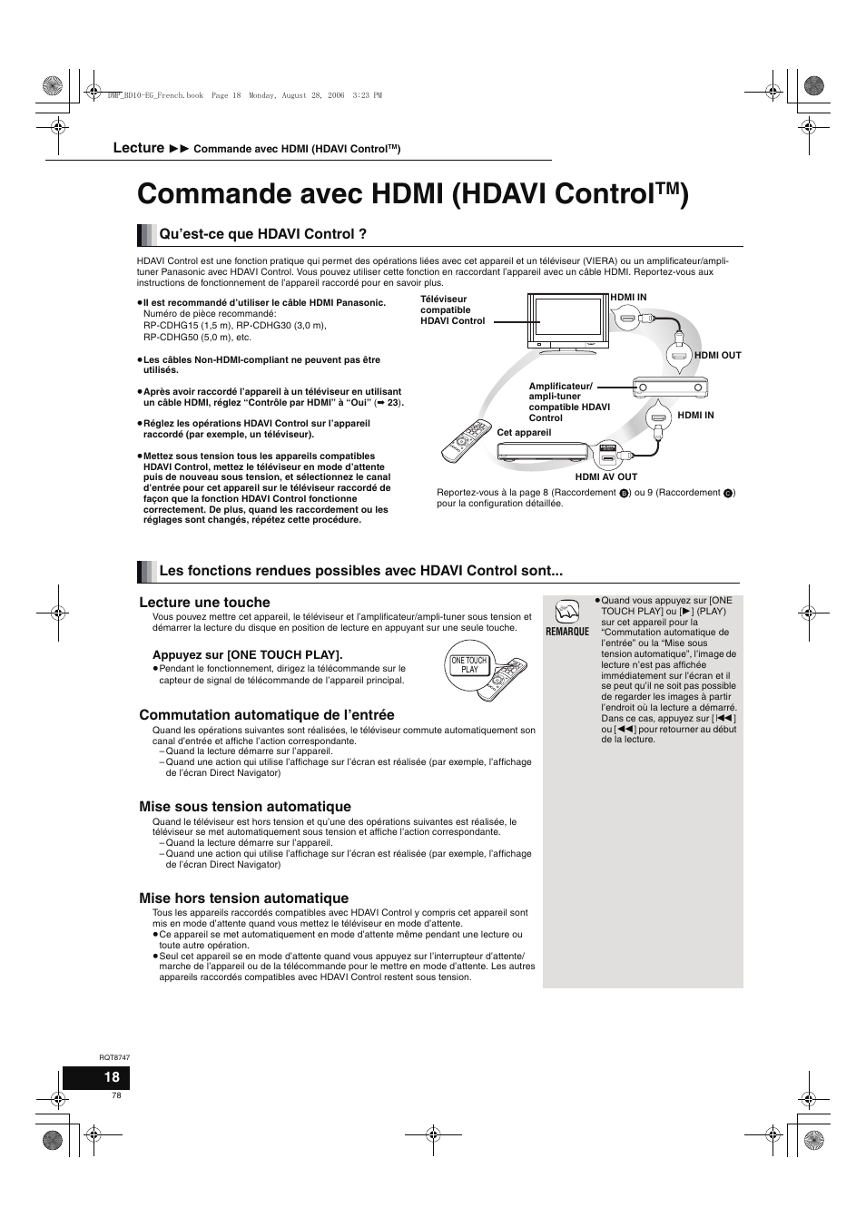 Commande avec hdmi (hdavi control, Qu’est-ce que hdavi control, Commutation automatique de l’entrée | Mise sous tension automatique, Mise hors tension automatique, Lecture | Panasonic DMPBD10 User Manual | Page 78 / 96