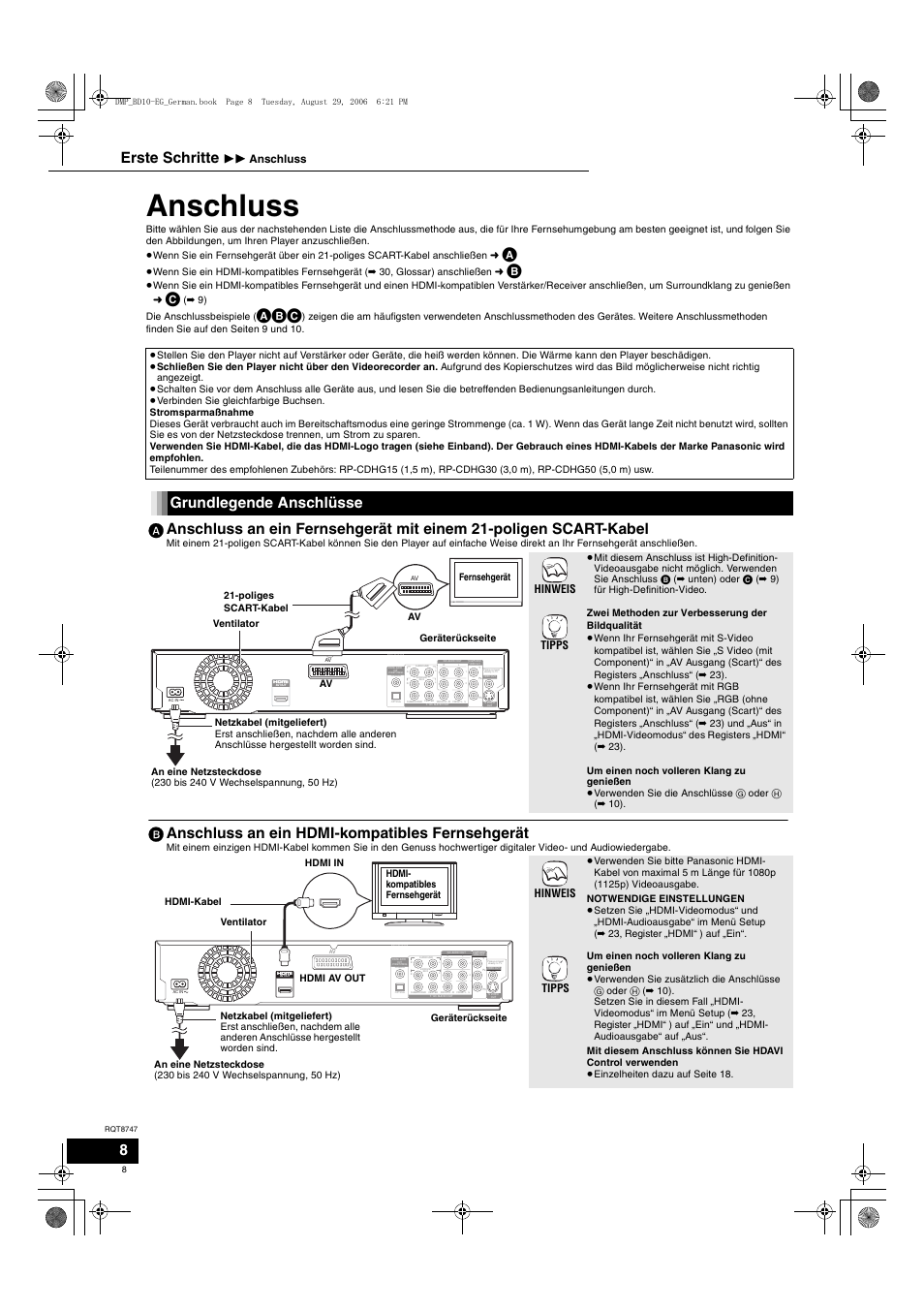 Anschluss, B anschluss an ein hdmi-kompatibles fernsehgerät, Erste schritte | Hinweis tipps, 11 anschluss | Panasonic DMPBD10 User Manual | Page 8 / 96