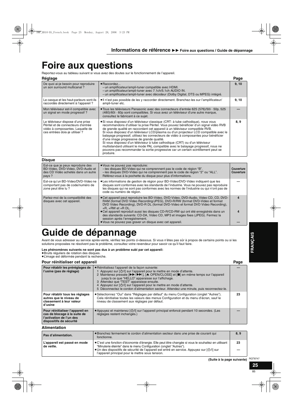 Foire aux questions, Guide de dépannage, Informations de référence | Panasonic DMPBD10 User Manual | Page 85 / 96