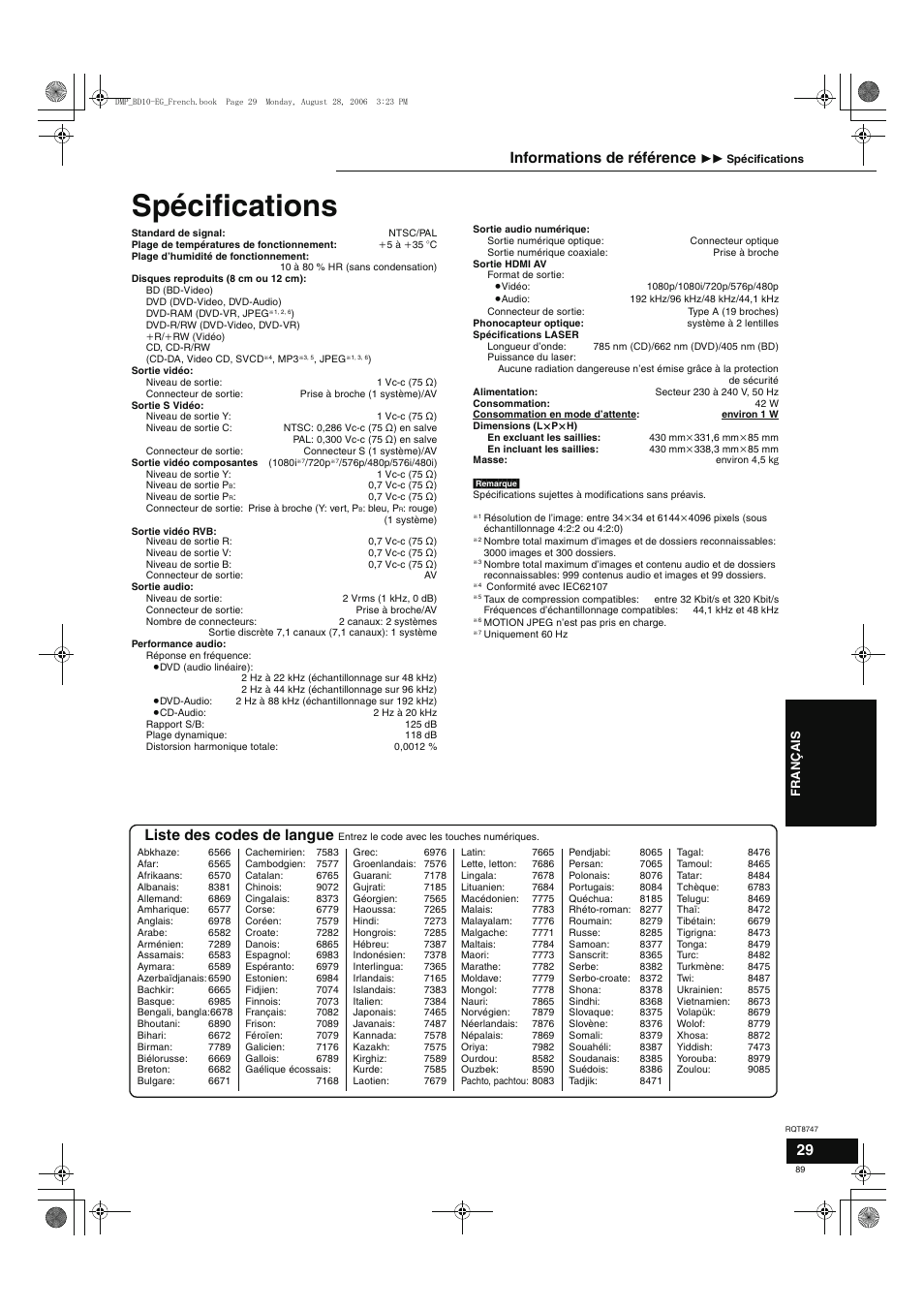 Spécifications, Liste des codes de langue, Informations de référence | Panasonic DMPBD10 User Manual | Page 89 / 96