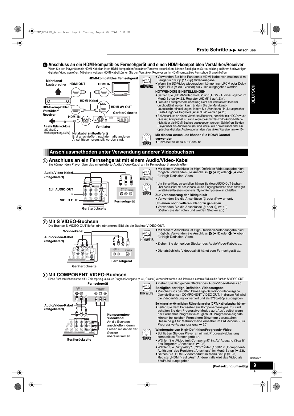 E mit s video-buchsen, F mit component video-buchsen, Erste schritte | Av av out av out manufactured ac in, De uts c h, Hinweis tipps, Hinweis, 11 anschluss | Panasonic DMPBD10 User Manual | Page 9 / 96