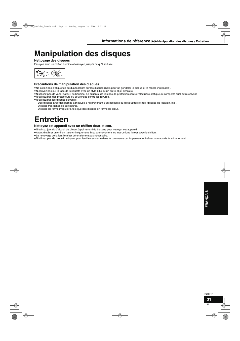 Manipulation des disques, Entretien | Panasonic DMPBD10 User Manual | Page 91 / 96