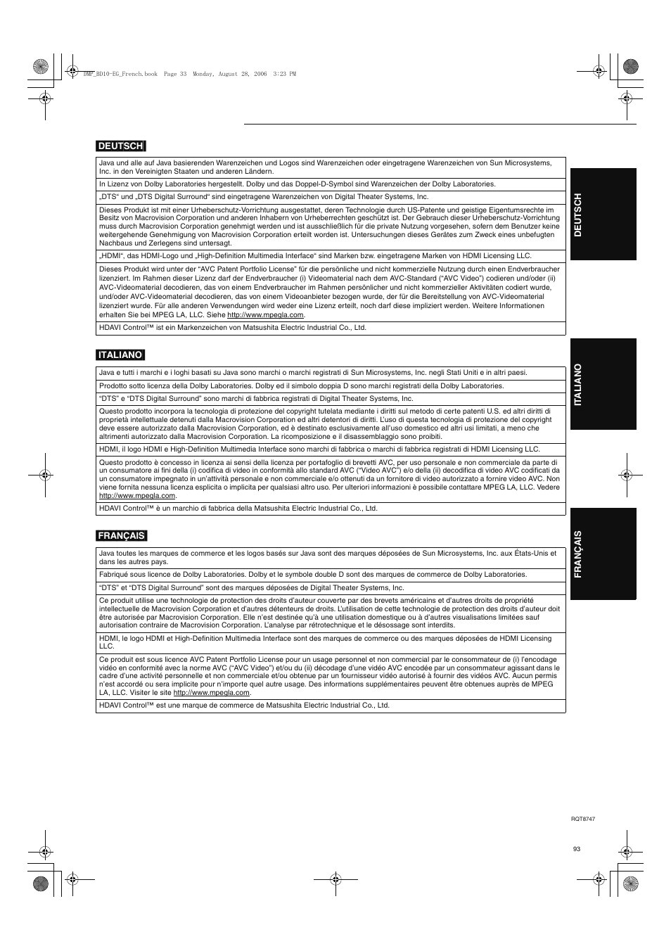 Deutsch[ [italiano[ [français | Panasonic DMPBD10 User Manual | Page 93 / 96