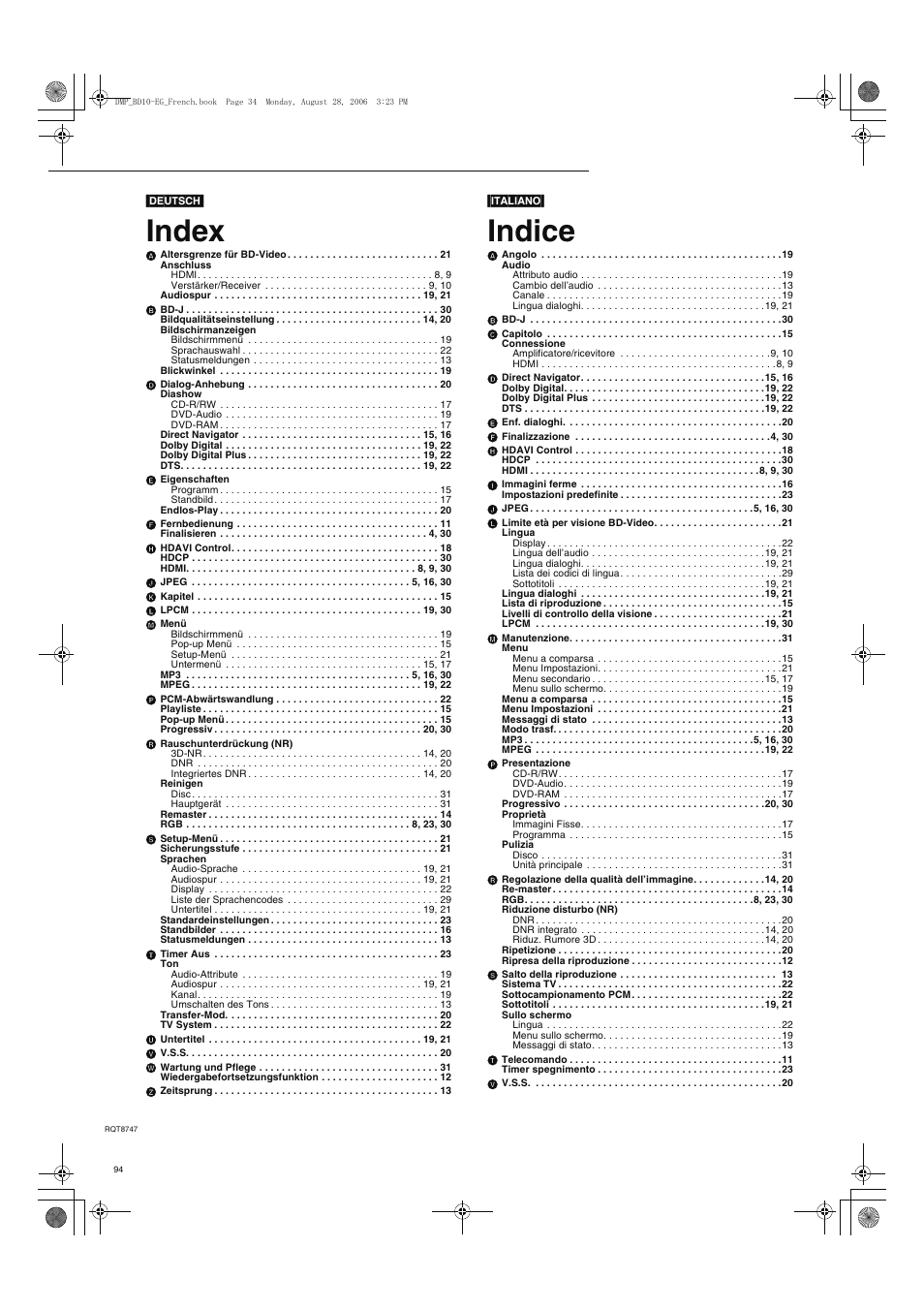 Index, Indice | Panasonic DMPBD10 User Manual | Page 94 / 96