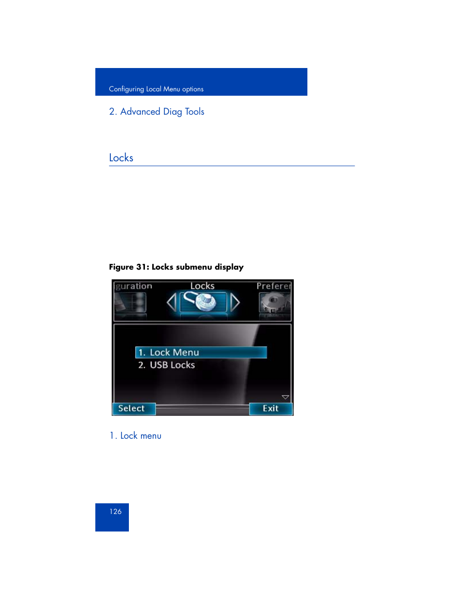 Advanced diag tools, Locks, Lock menu | Avaya 1165E User Manual | Page 126 / 260