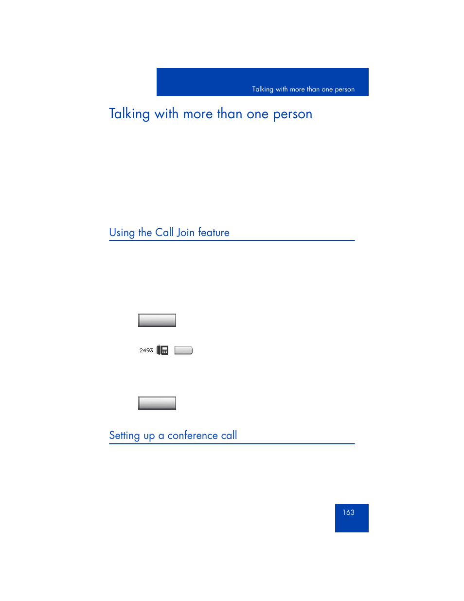 Talking with more than one person, Using the call join feature, Setting up a conference call | Avaya 1165E User Manual | Page 163 / 260