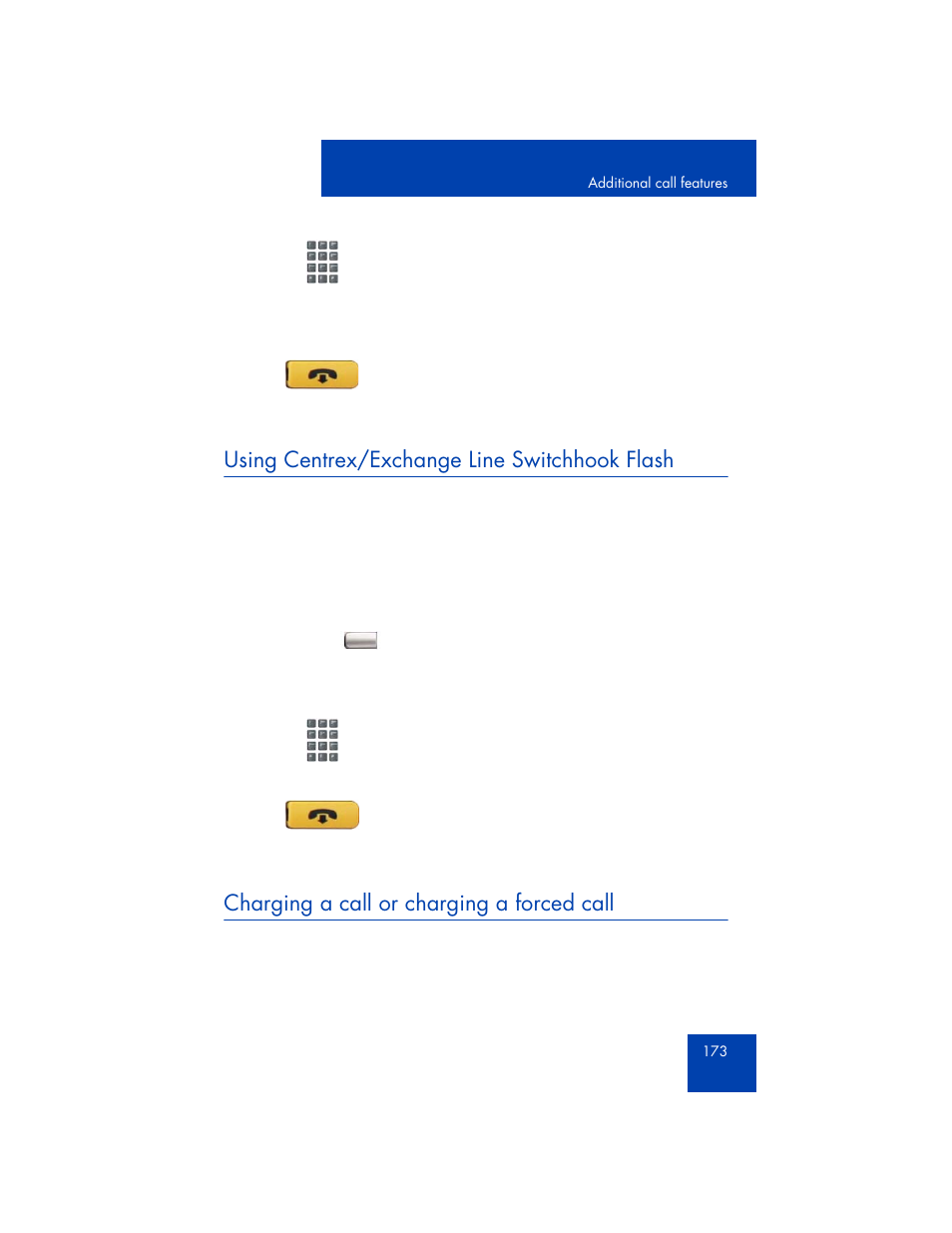 Using centrex/exchange line switchhook flash, Charging a call or charging a forced call | Avaya 1165E User Manual | Page 173 / 260