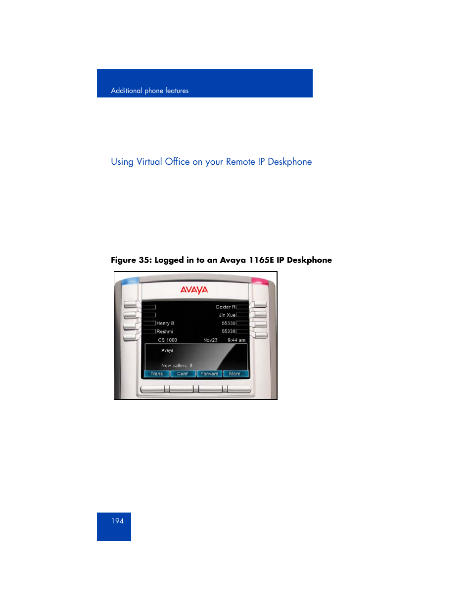 Using virtual office on your remote ip deskphone | Avaya 1165E User Manual | Page 194 / 260