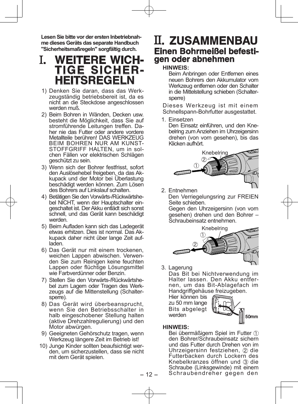 Weitere wich- tige sicher- heitsregeln, Zusammenbau, Einen bohrmeißel befesti- gen oder abnehmen | Panasonic EY6950GQKW User Manual | Page 12 / 68