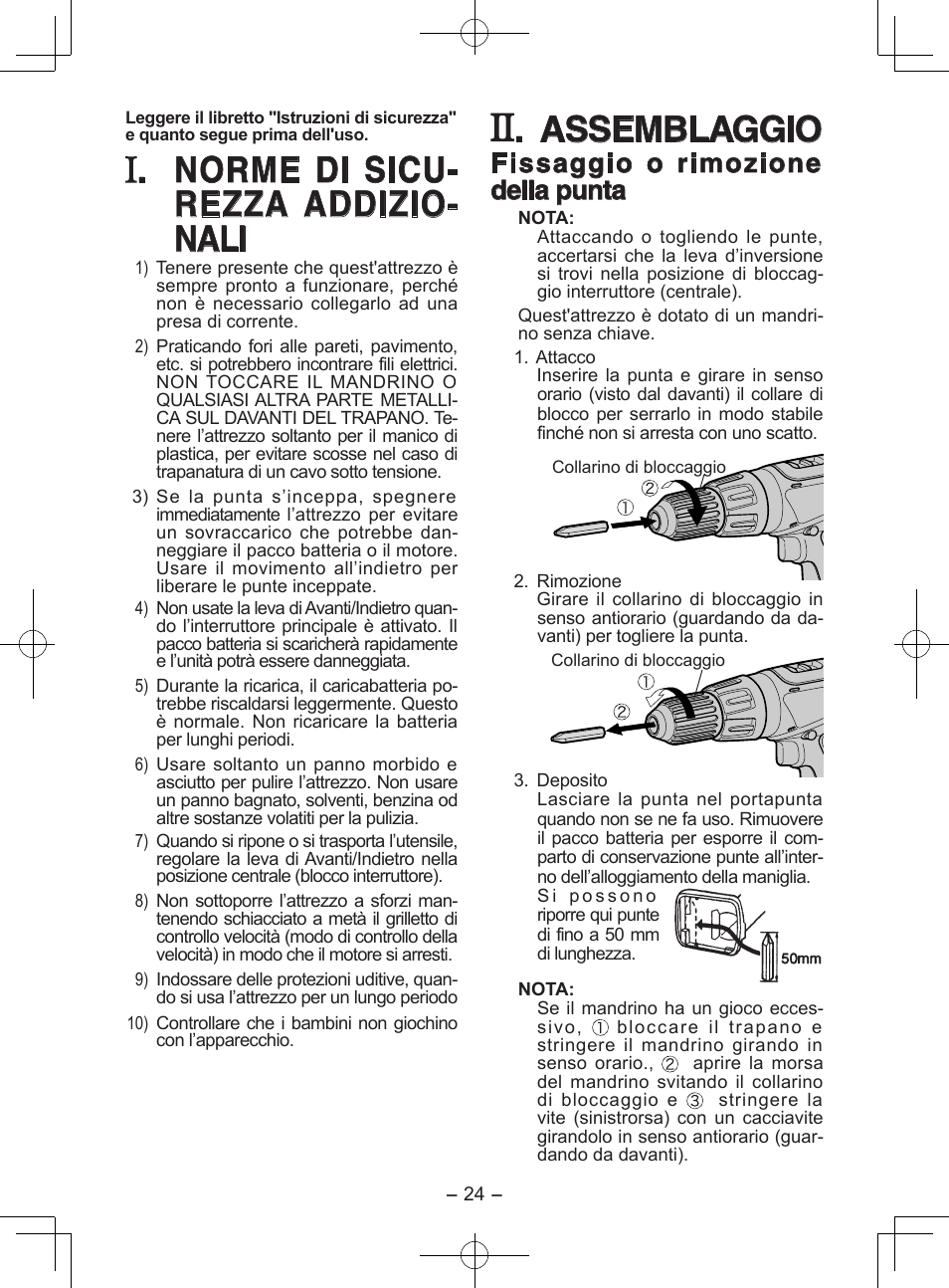 Norme di sicu- rezza addizio- nali, Assemblaggio, Fissaggio o rimozione della punta | Panasonic EY6950GQKW User Manual | Page 24 / 68