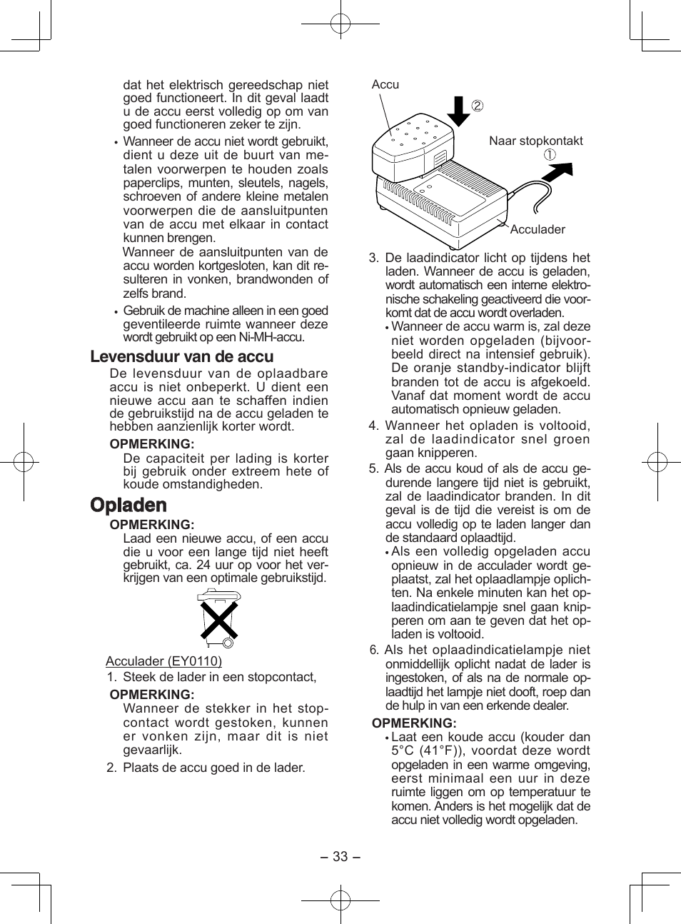 Opladen, Levensduur van de accu | Panasonic EY6950GQKW User Manual | Page 33 / 68