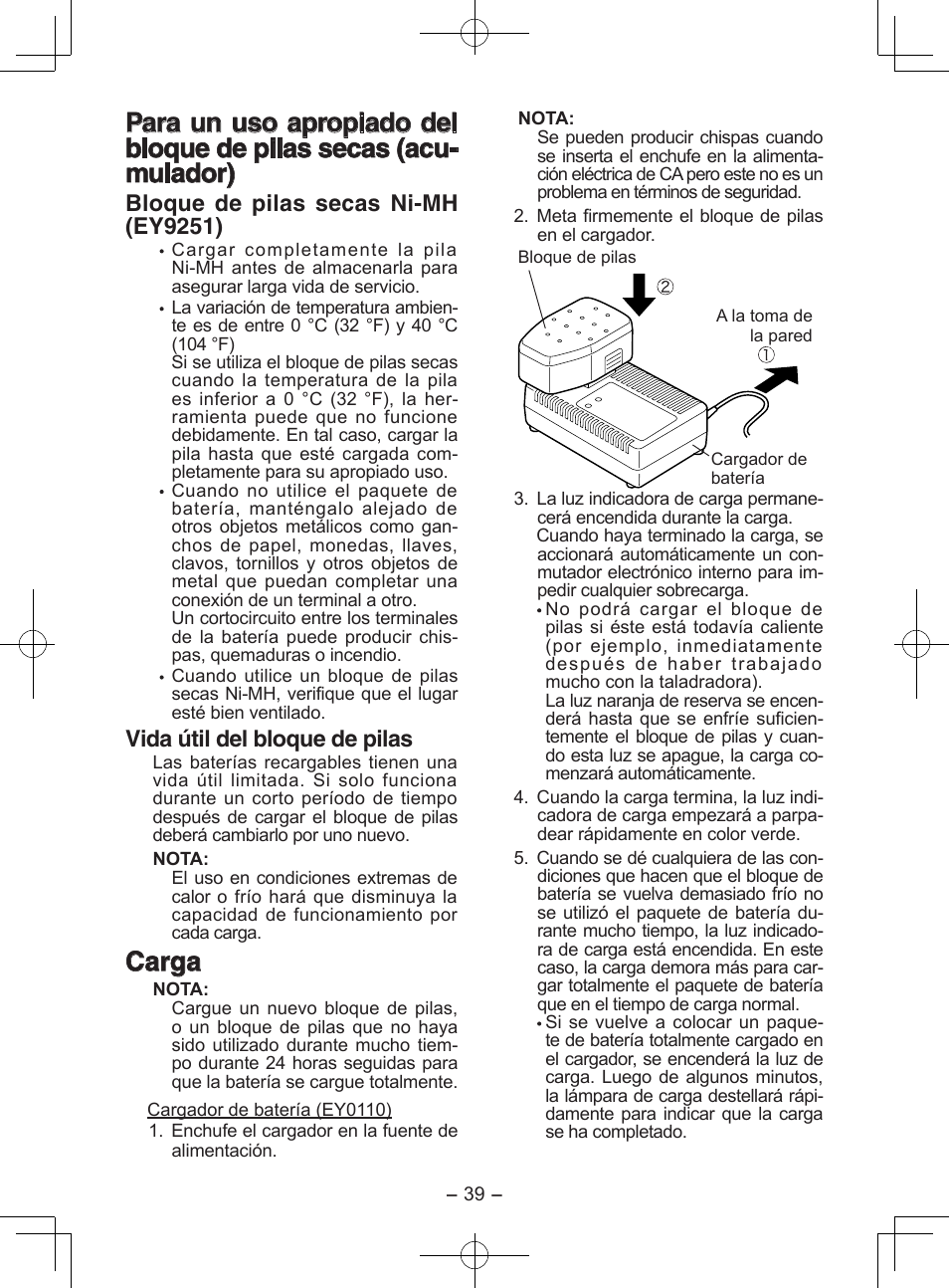 Carga, Bloque de pilas secas ni-mh (ey9251), Vida útil del bloque de pilas | Panasonic EY6950GQKW User Manual | Page 39 / 68