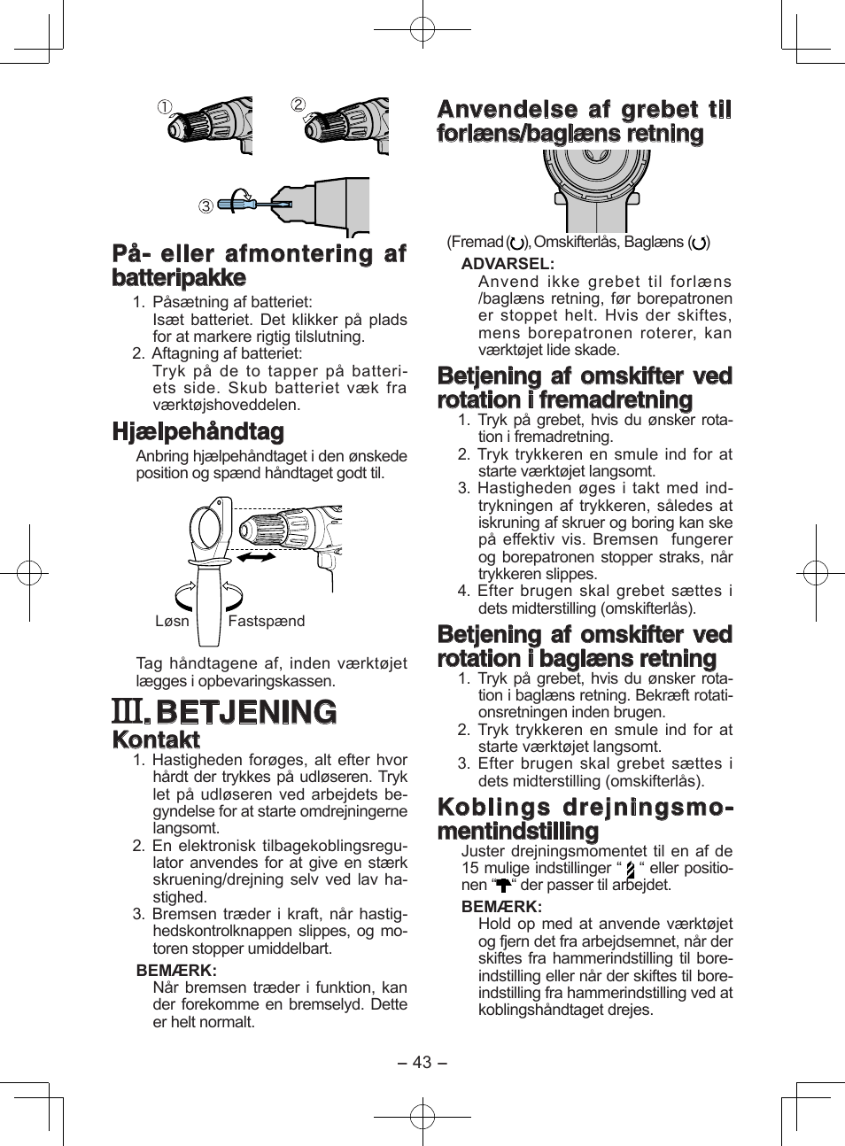 Betjening, På- eller afmontering af batteripakke, Hjælpehåndtag | Kontakt, Anvendelse af grebet til forlæns/baglæns retning, Koblings drejningsmo- mentindstilling | Panasonic EY6950GQKW User Manual | Page 43 / 68