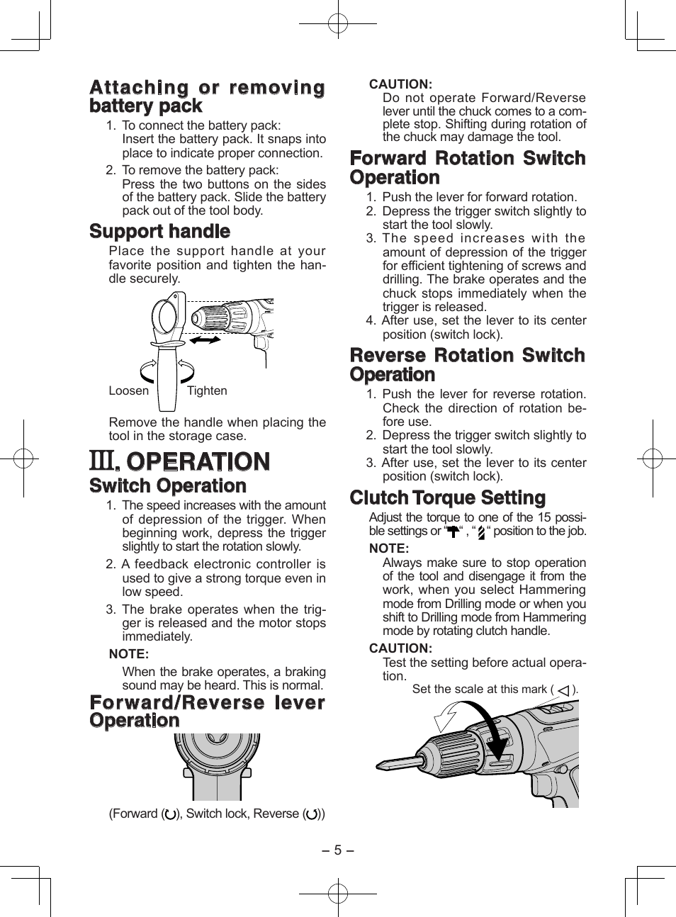 Operation, Attaching or removing battery pack, Support handle | Switch operation, Forward/reverse lever operation, Forward rotation switch operation, Reverse rotation switch operation, Clutch torque setting | Panasonic EY6950GQKW User Manual | Page 5 / 68