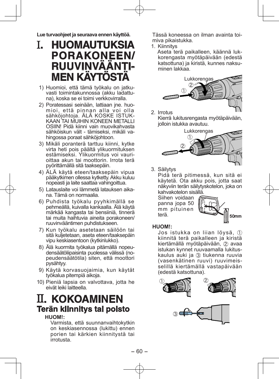 Kokoaminen, Terän kiinnitys tai poisto | Panasonic EY6950GQKW User Manual | Page 60 / 68